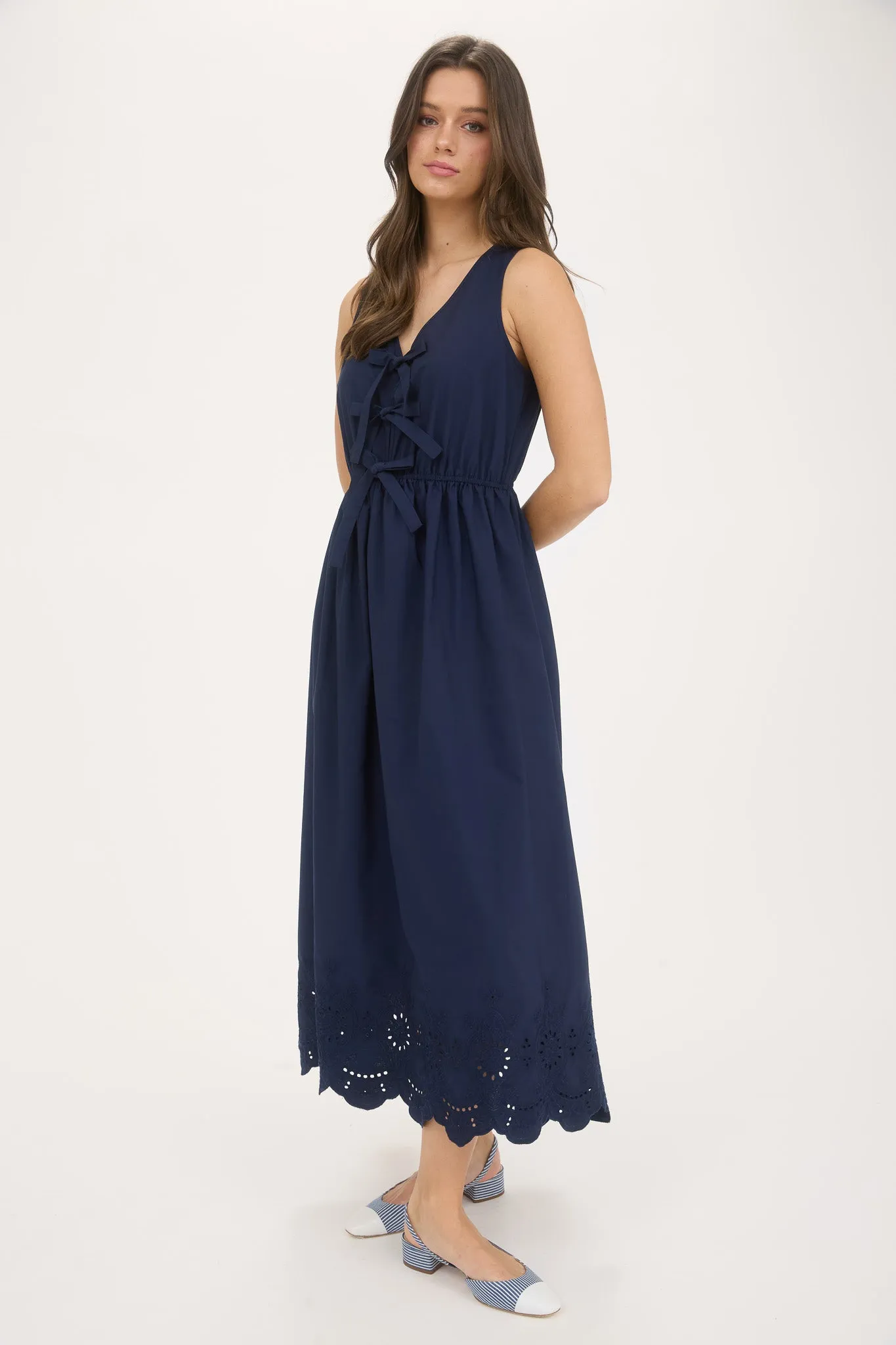 FRONT BOW TIE SLEEVELESS EYELET HEM MIDI DRESS sold by Blu Pepper product image thumbnail 3