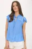 CONTRAST EMBROIDERY RUFFLE DETAIL FRONT TIE BLOUSE sold by Blu Pepper