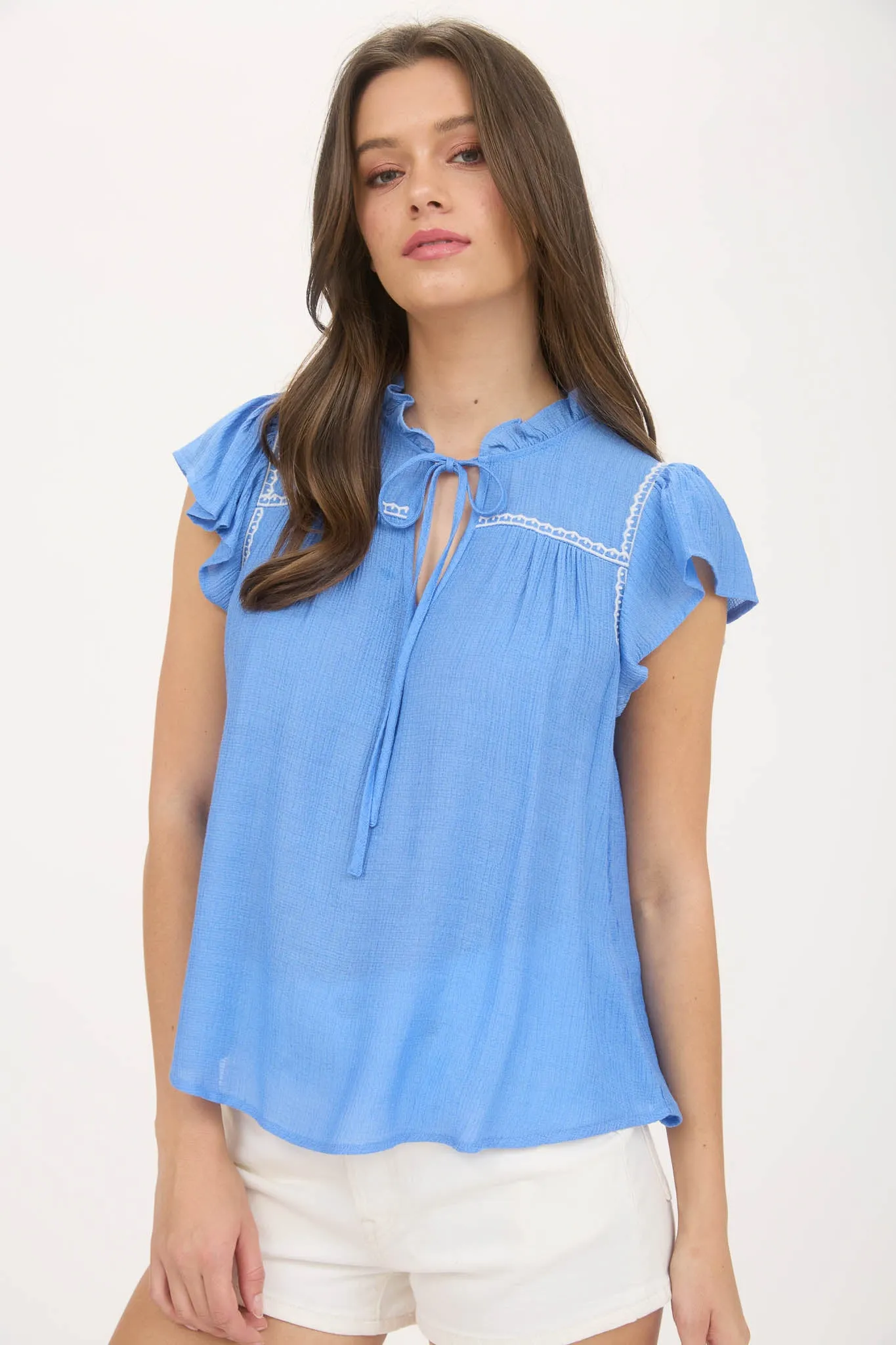 CONTRAST EMBROIDERY RUFFLE DETAIL FRONT TIE BLOUSE sold by Blu Pepper product image thumbnail 5