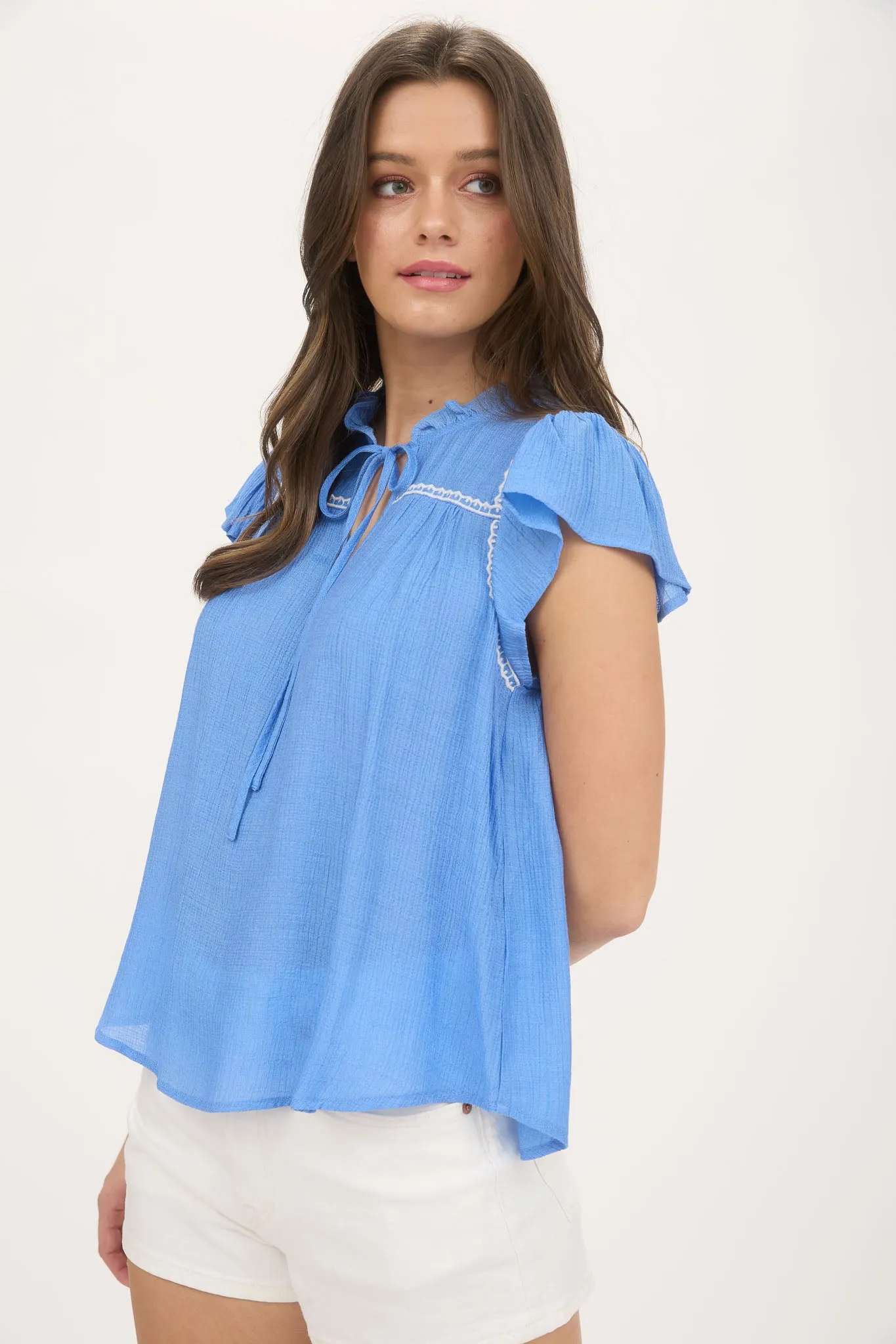 CONTRAST EMBROIDERY RUFFLE DETAIL FRONT TIE BLOUSE sold by Blu Pepper product image thumbnail 3