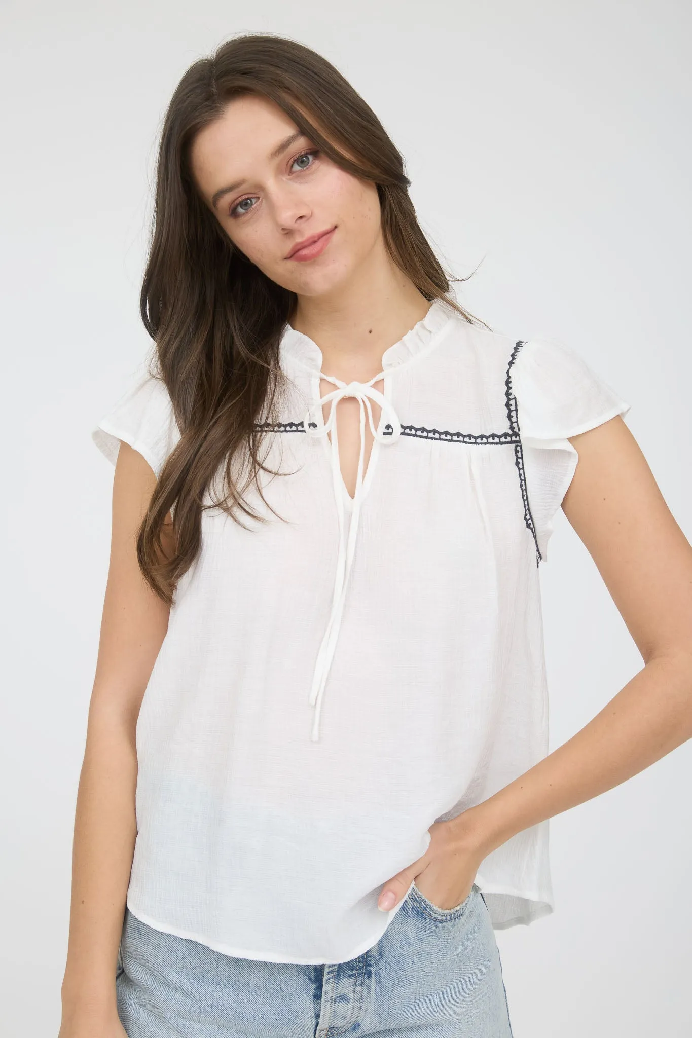 PLUS CONTRAST EMBROIDERY RUFFLE FRONT TIE BLOUSE sold by Blu Pepper product image thumbnail 4