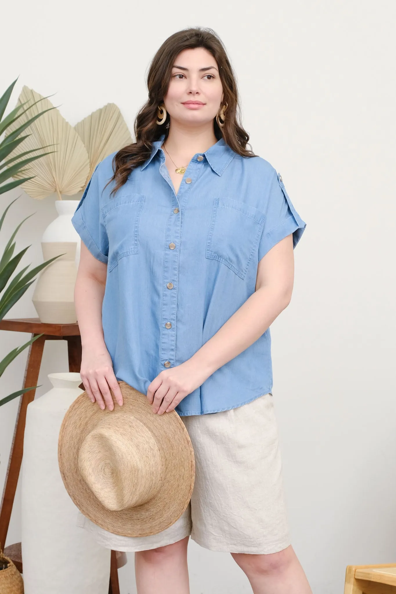 PLUS CHAMBRAY COLLARED TAB SLEEVE DETAIL SHIRT sold by Blu Pepper