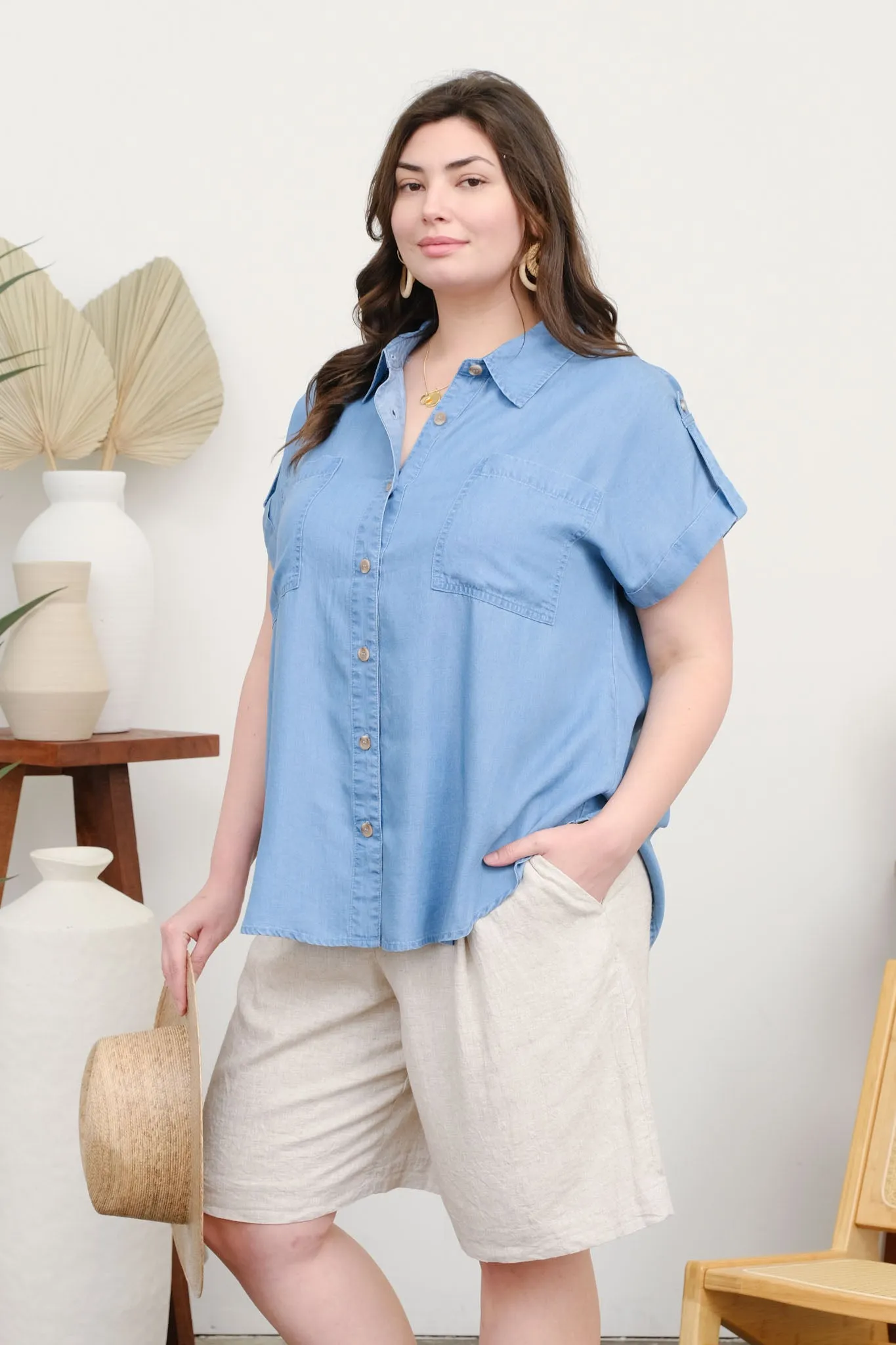 PLUS CHAMBRAY COLLARED TAB SLEEVE DETAIL SHIRT sold by Blu Pepper product image thumbnail 3