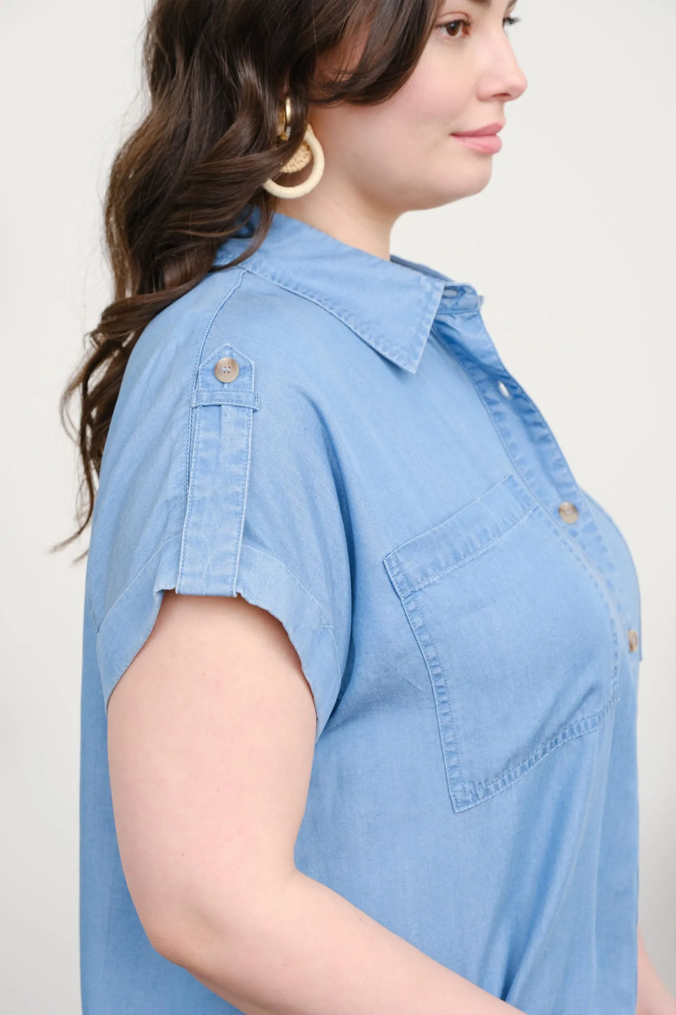 PLUS CHAMBRAY COLLARED TAB SLEEVE DETAIL SHIRT sold by Blu Pepper product image thumbnail 4