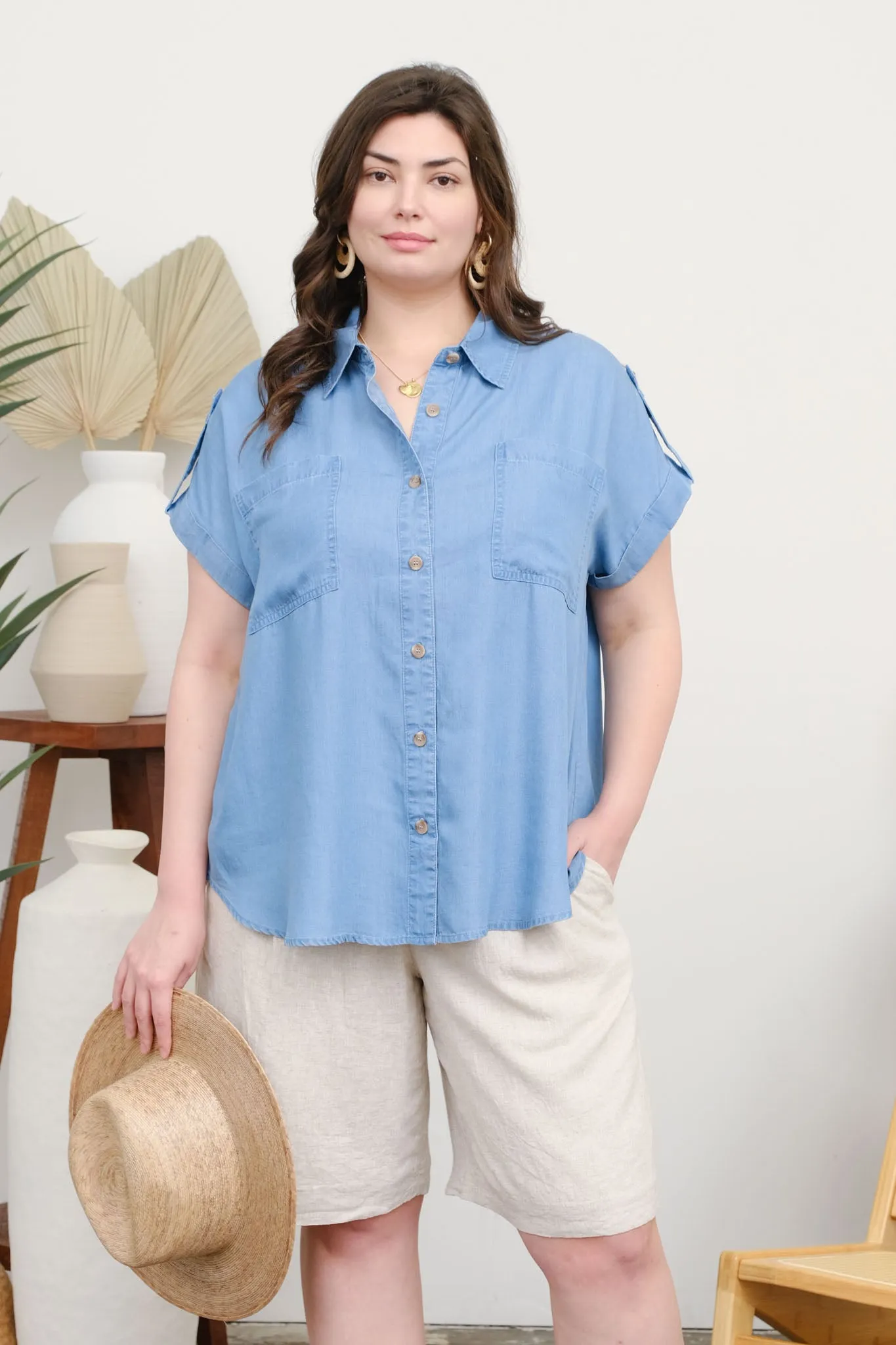 PLUS CHAMBRAY COLLARED TAB SLEEVE DETAIL SHIRT sold by Blu Pepper product image thumbnail 5
