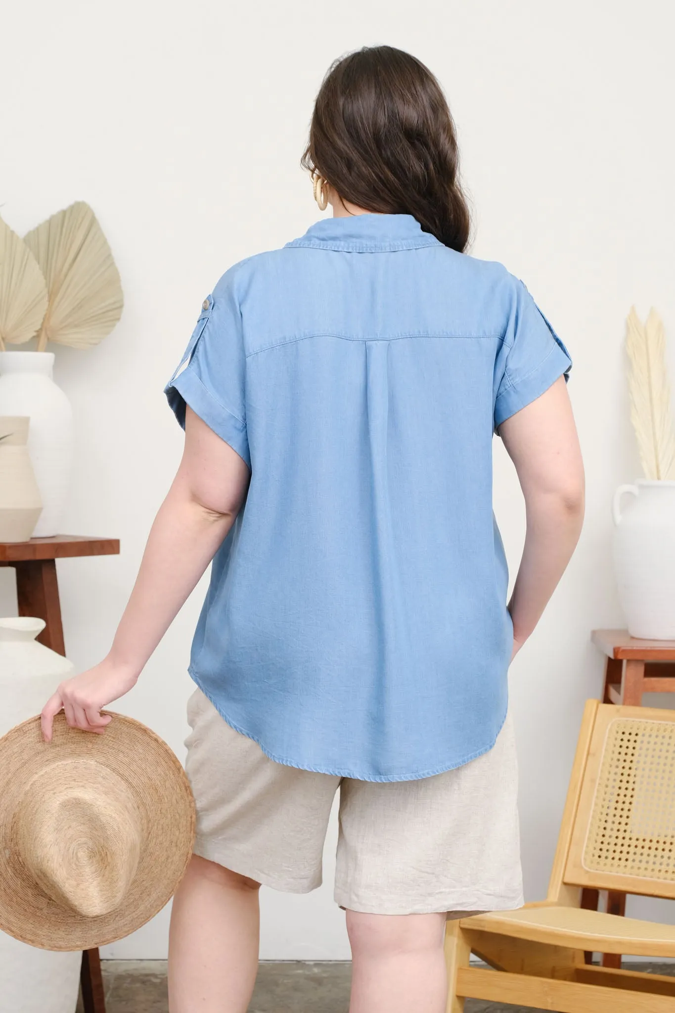 PLUS CHAMBRAY COLLARED TAB SLEEVE DETAIL SHIRT sold by Blu Pepper product image thumbnail 2