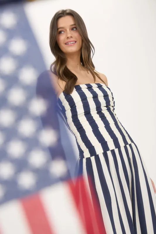VERTICAL STRIPE STRAPLESS MIDI DRESS sold by Blu Pepper