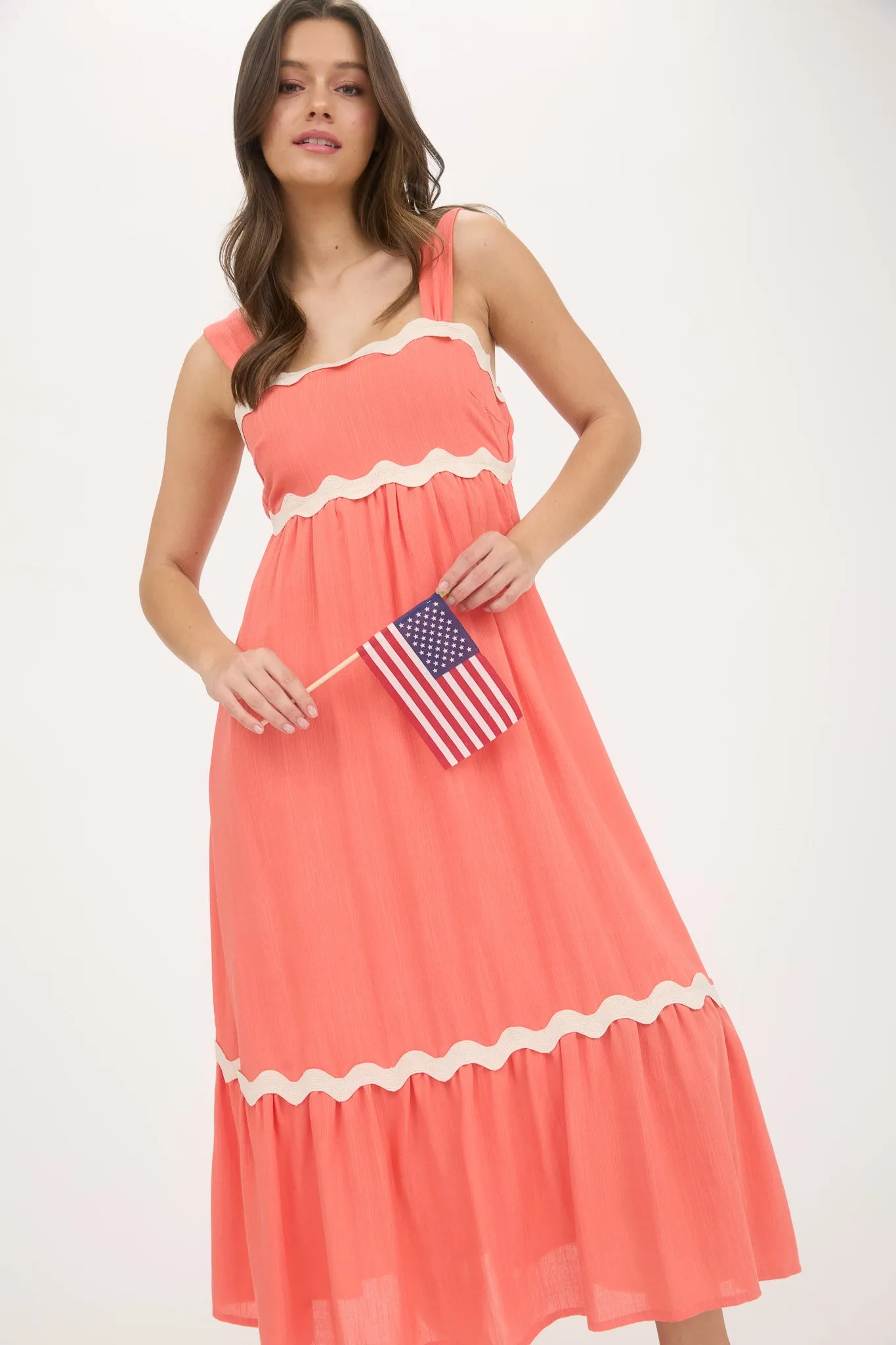 WAVY TRIM EMPIRE WAIST SLEEVELESS MIDI DRESS sold by Blu Pepper