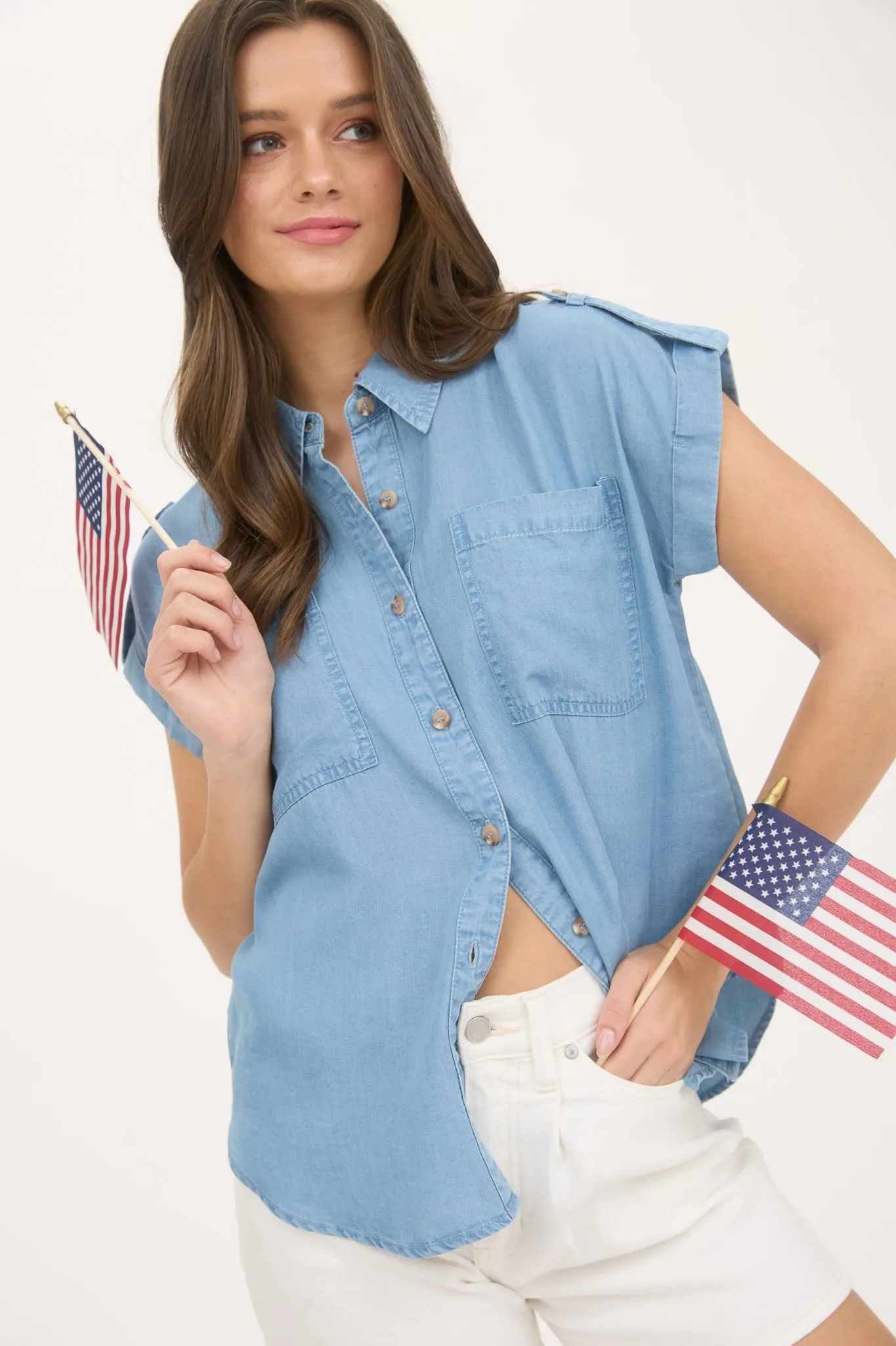 CHAMBRAY COLLARED TAB SLEEVE DETAIL SHIRT sold by Blu Pepper