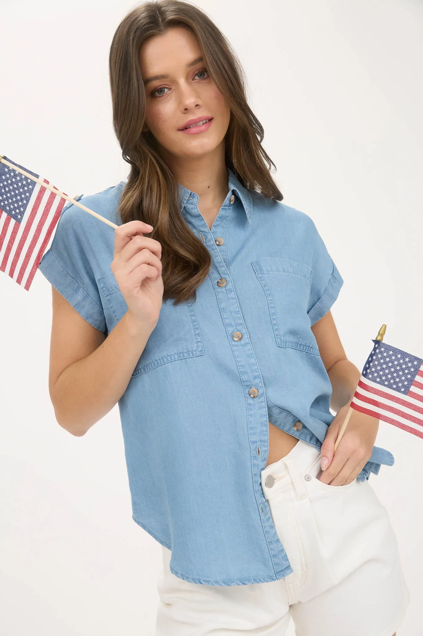 CHAMBRAY COLLARED TAB SLEEVE DETAIL SHIRT sold by Blu Pepper product image thumbnail 3