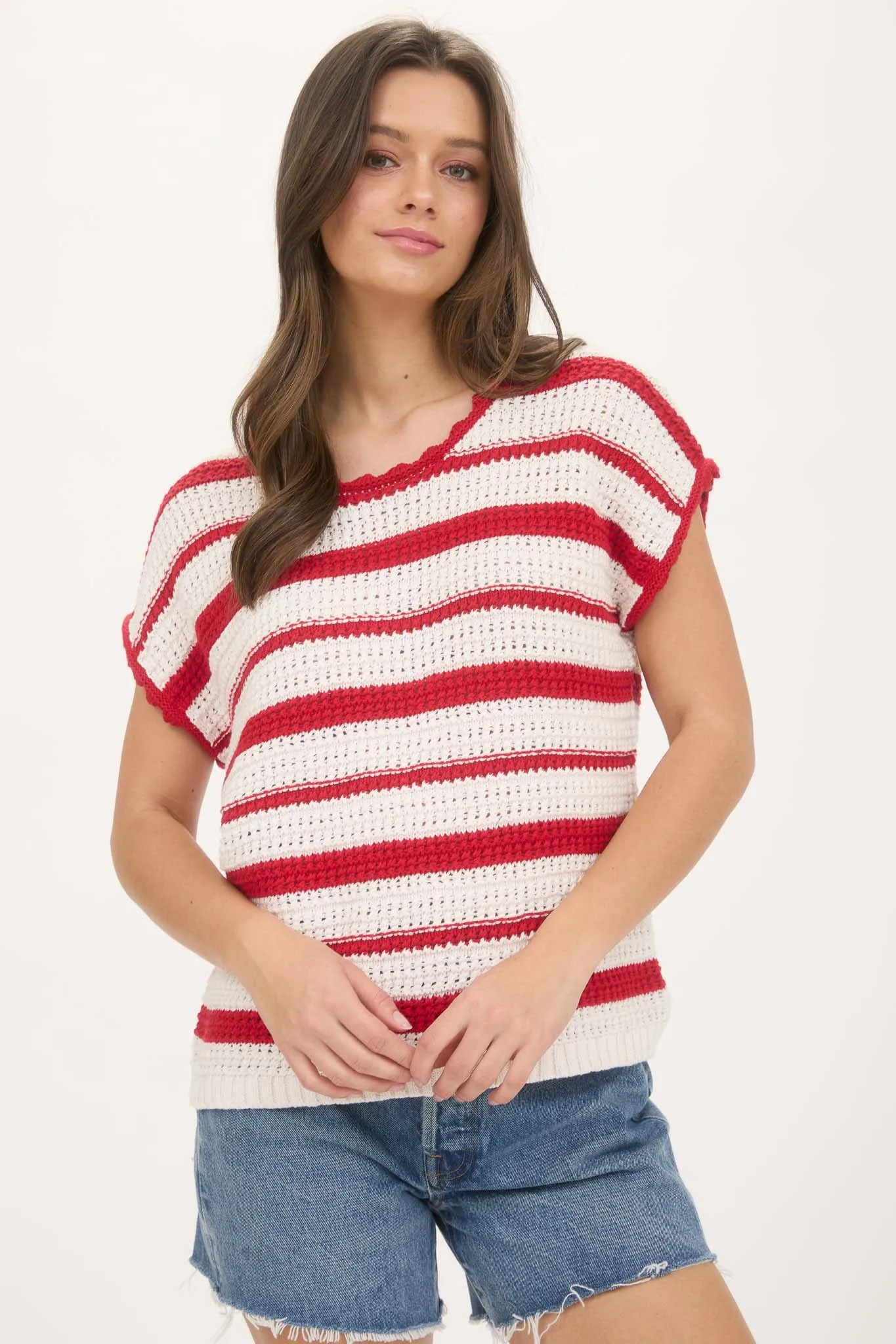 STRIPE SCALLOP TRIM SHORT SLEEVE CROCHET SWEATER sold by Blu Pepper product image thumbnail 3