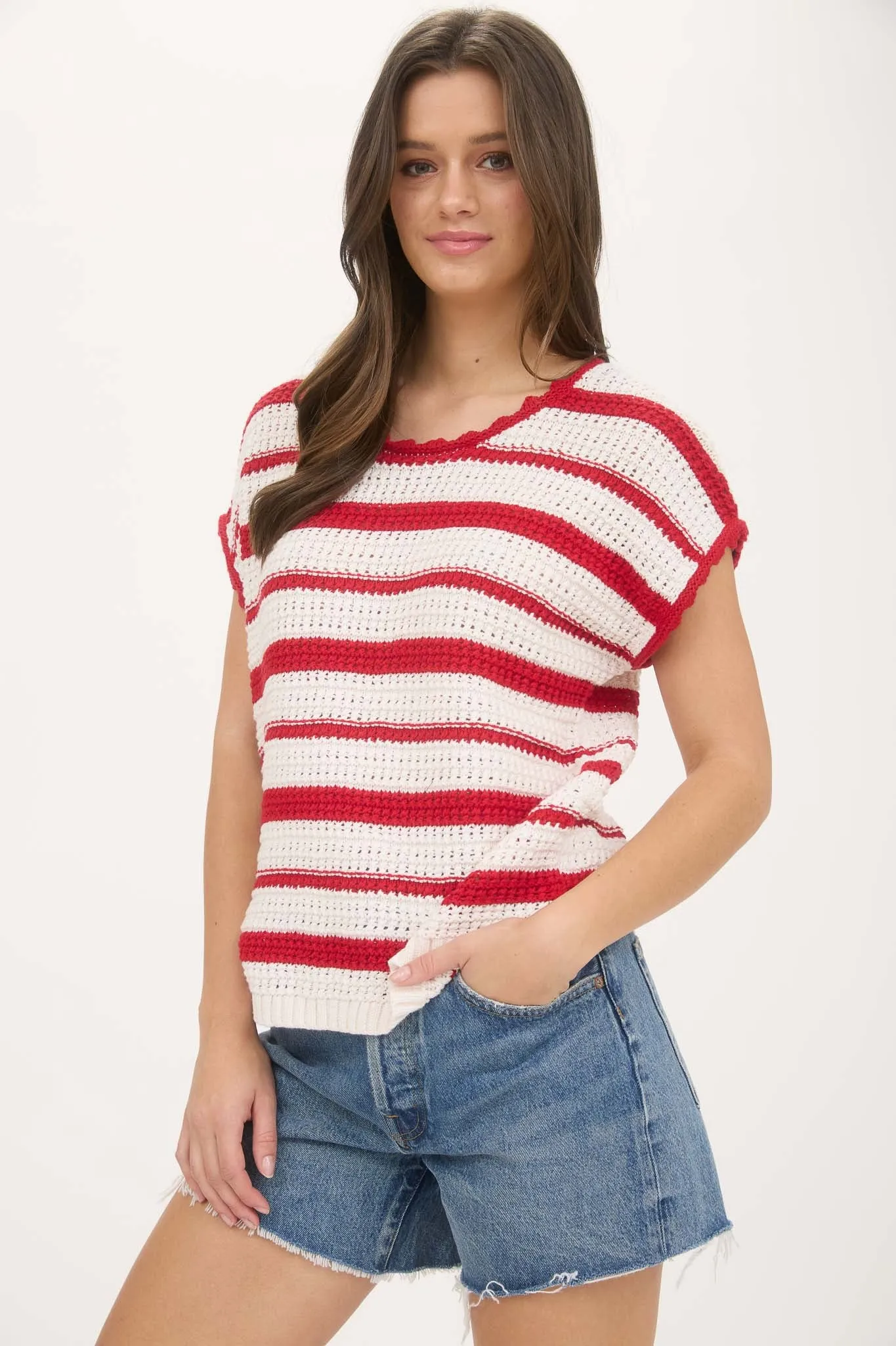 STRIPE SCALLOP TRIM SHORT SLEEVE CROCHET SWEATER sold by Blu Pepper product image thumbnail 4