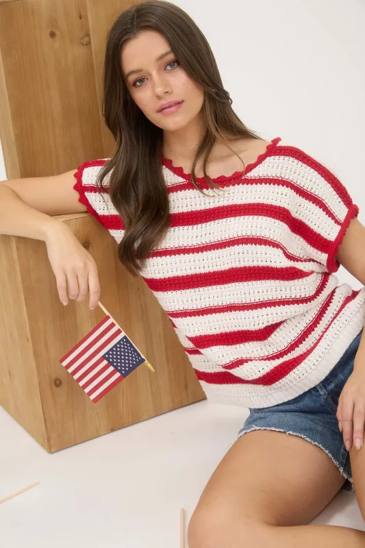 STRIPE SCALLOP TRIM SHORT SLEEVE CROCHET SWEATER sold by Blu Pepper
