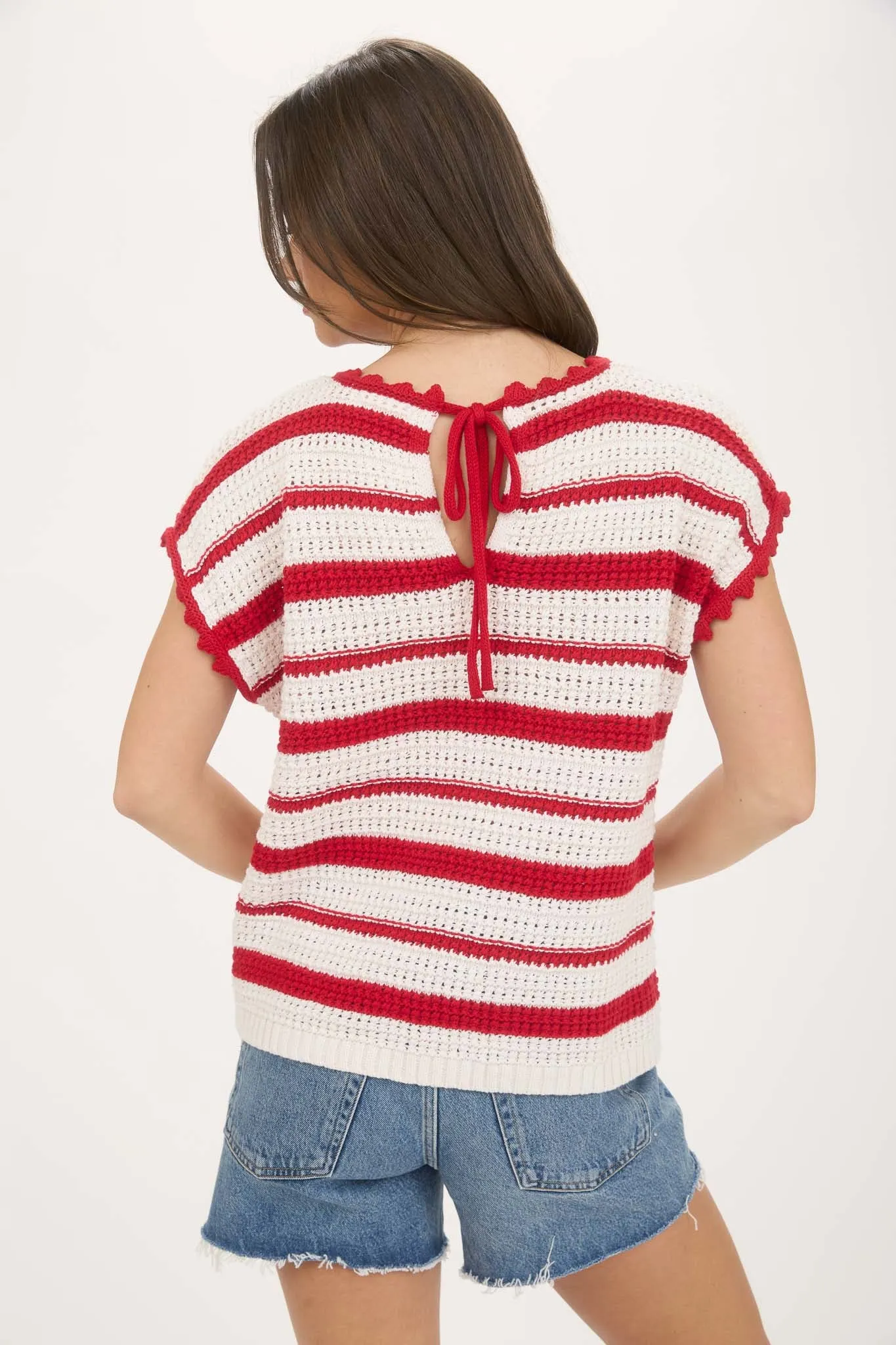 STRIPE SCALLOP TRIM SHORT SLEEVE CROCHET SWEATER sold by Blu Pepper product image thumbnail 2