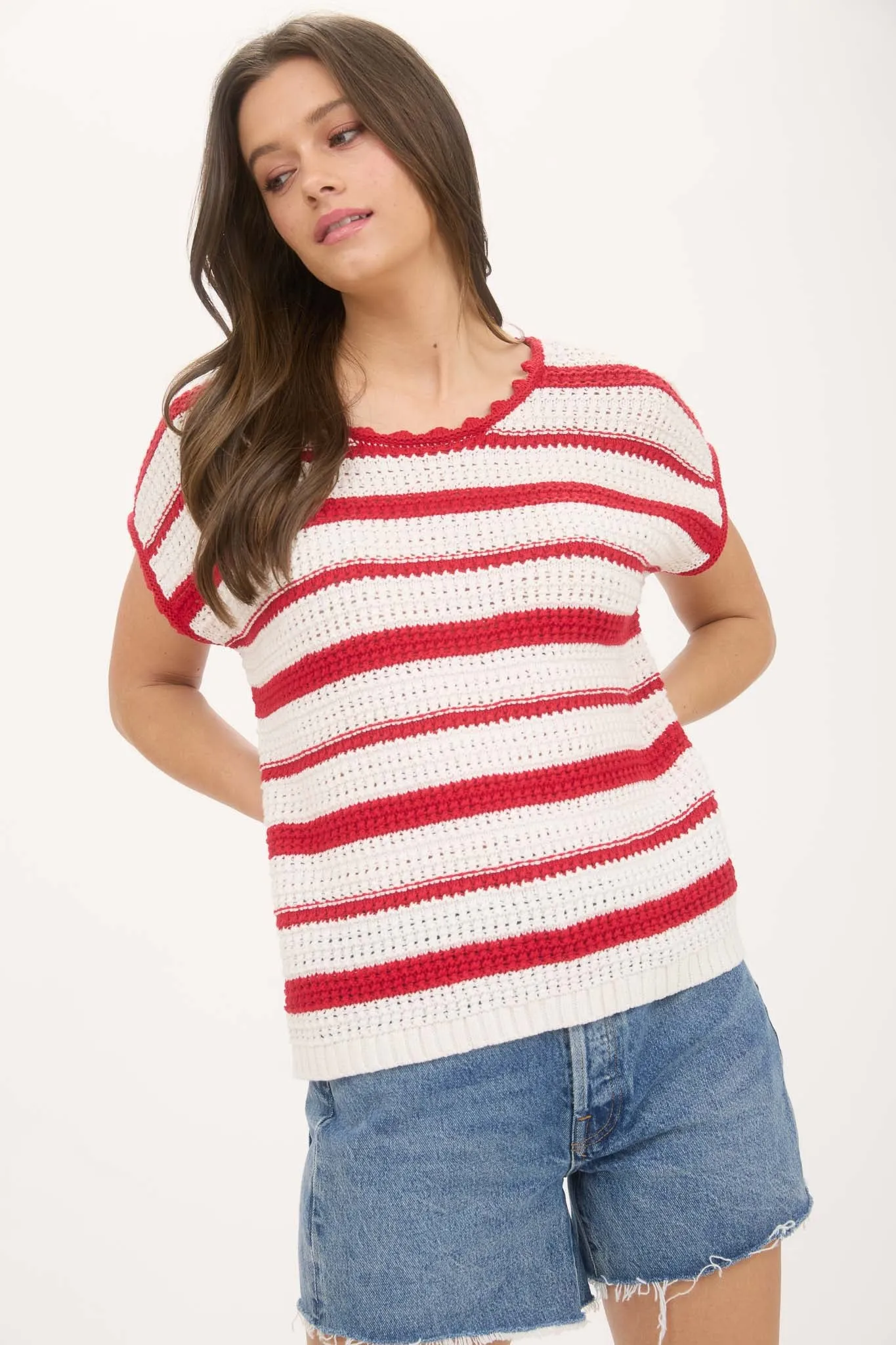 STRIPE SCALLOP TRIM SHORT SLEEVE CROCHET SWEATER sold by Blu Pepper product image thumbnail 5
