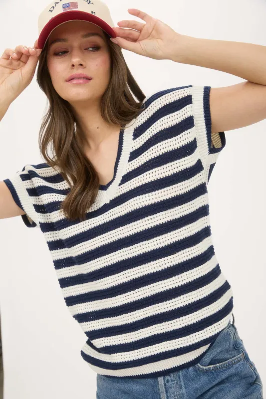 STRIPE V NECK CROCHET KNIT SHORT SLEEVE SWEATER sold by Blu Pepper