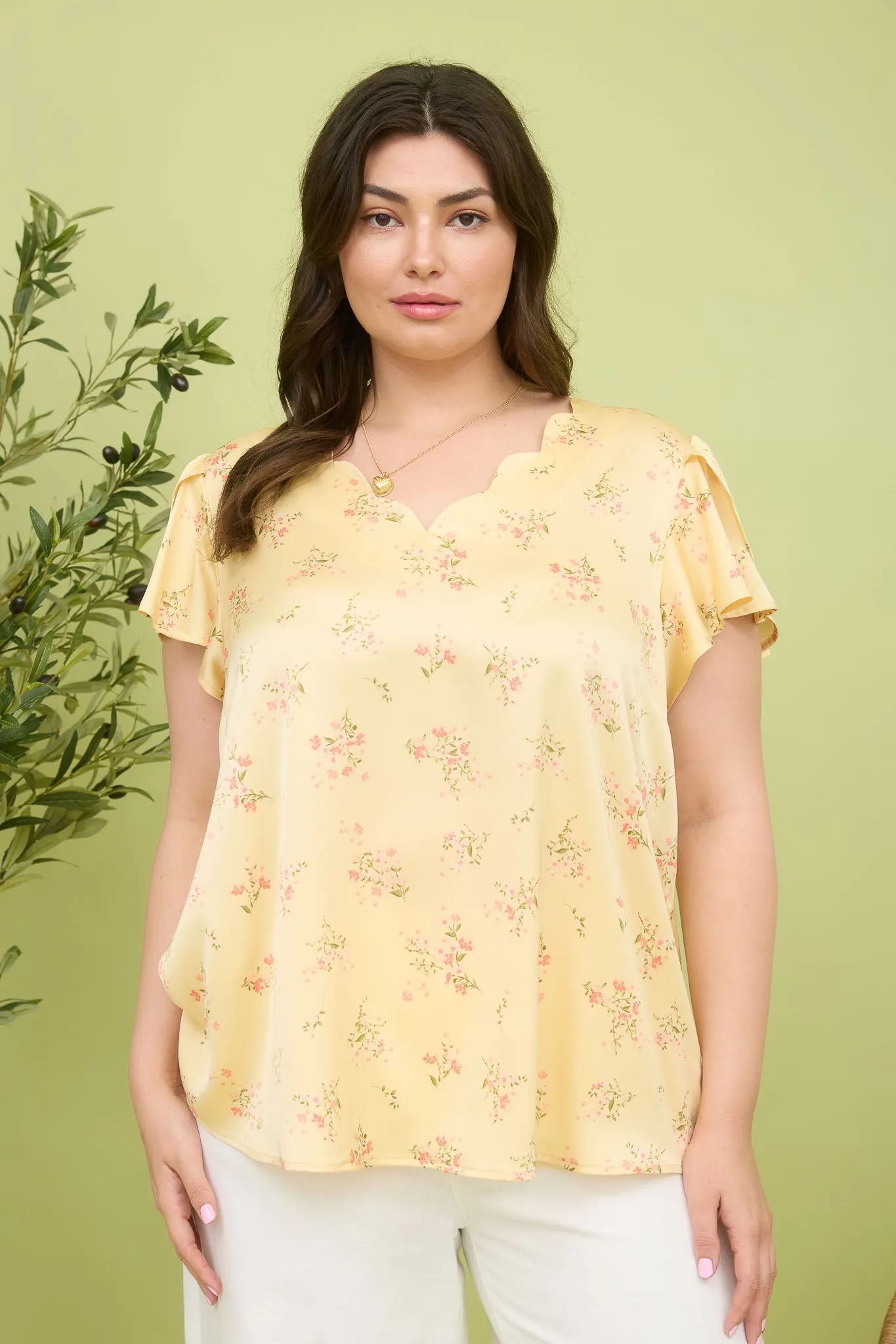 PLUS FLORAL PRINT V NECK SCALLOP SATIN BLOUSE sold by Blu Pepper product image thumbnail 4