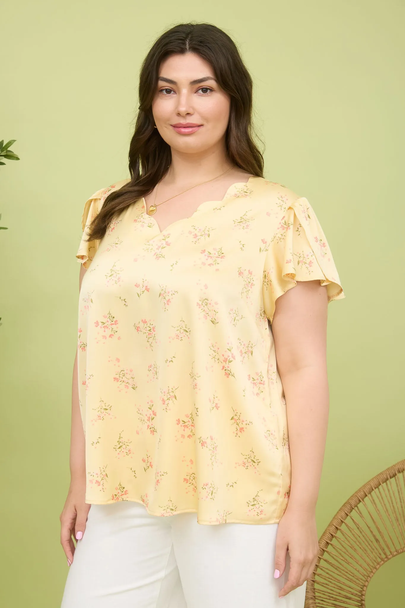 PLUS FLORAL PRINT V NECK SCALLOP SATIN BLOUSE sold by Blu Pepper