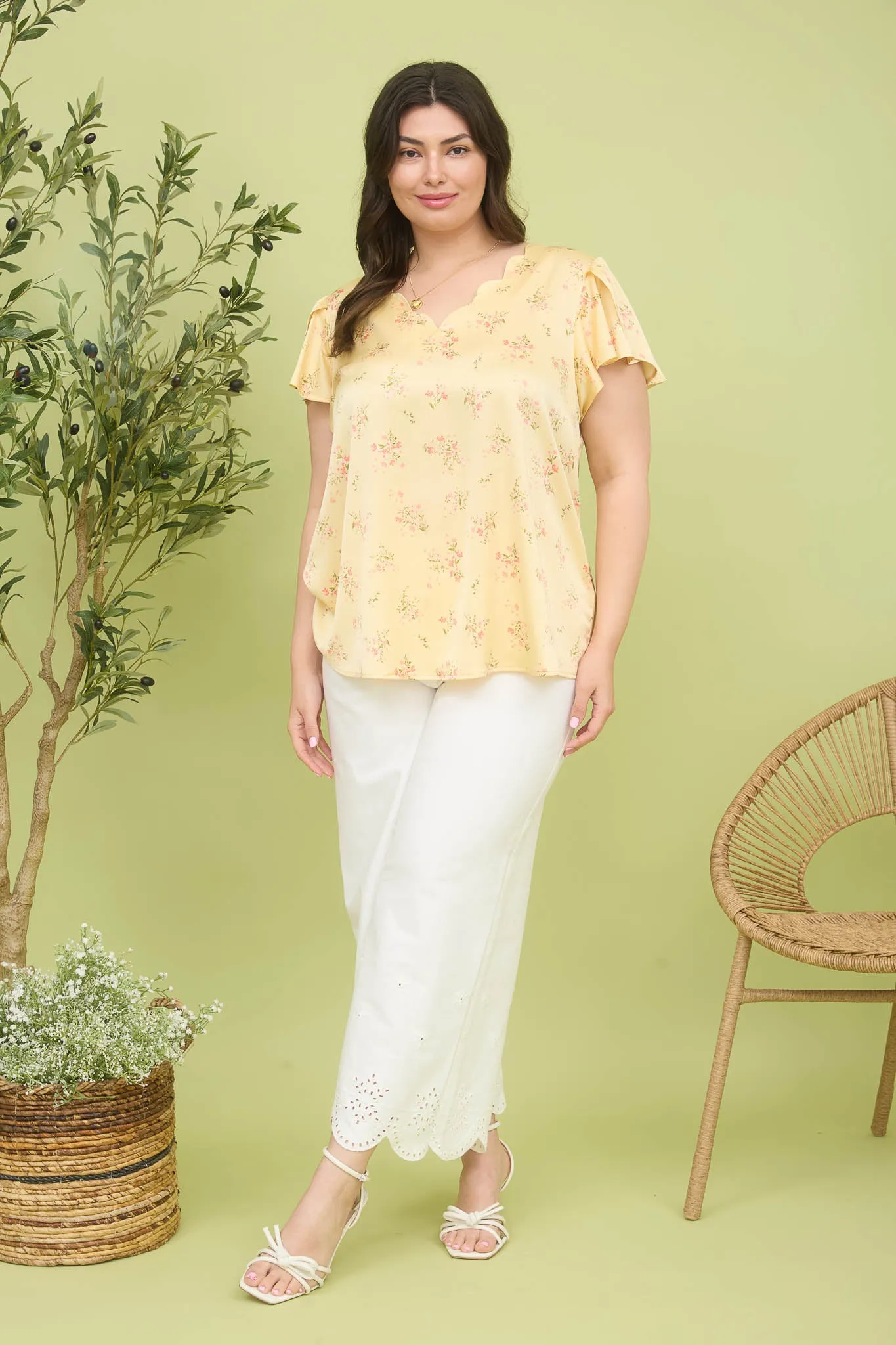 PLUS FLORAL PRINT V NECK SCALLOP SATIN BLOUSE sold by Blu Pepper product image thumbnail 5