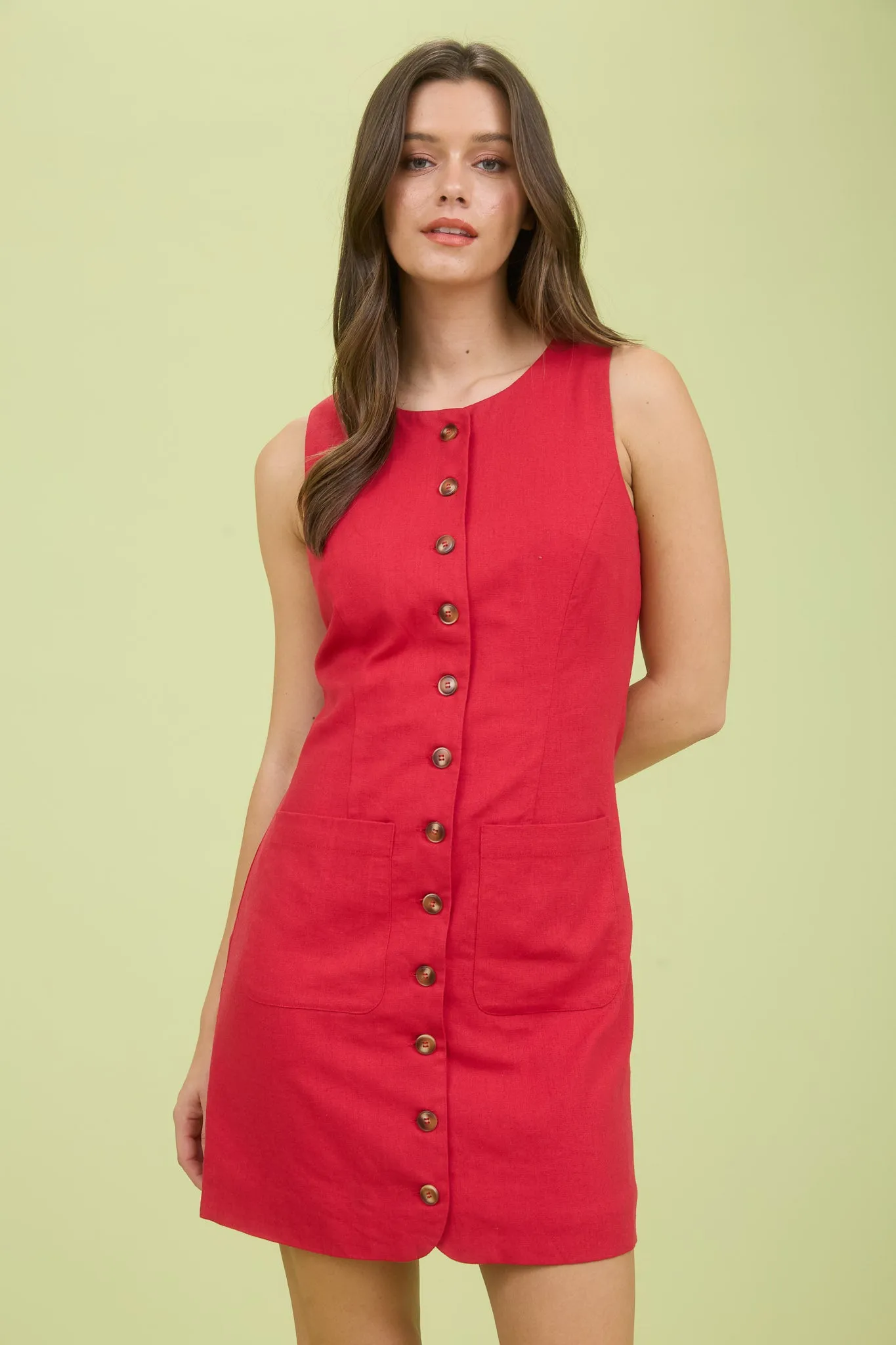 BUTTON DOWN SLEEVELESS LINEN MINI DRESS sold by Blu Pepper product image thumbnail 4