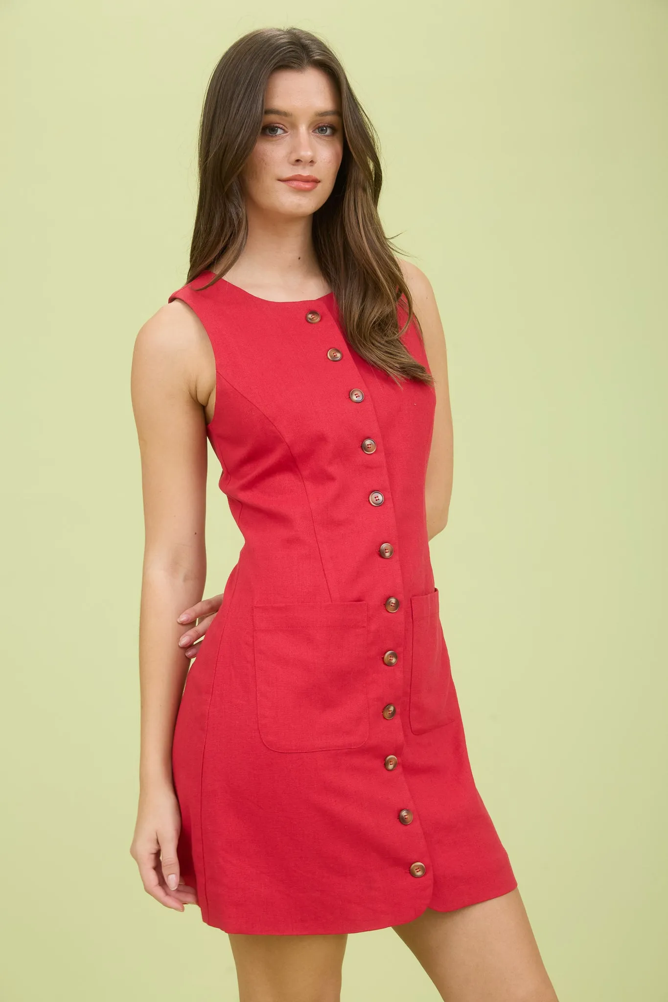 BUTTON DOWN SLEEVELESS LINEN MINI DRESS sold by Blu Pepper product image thumbnail 3