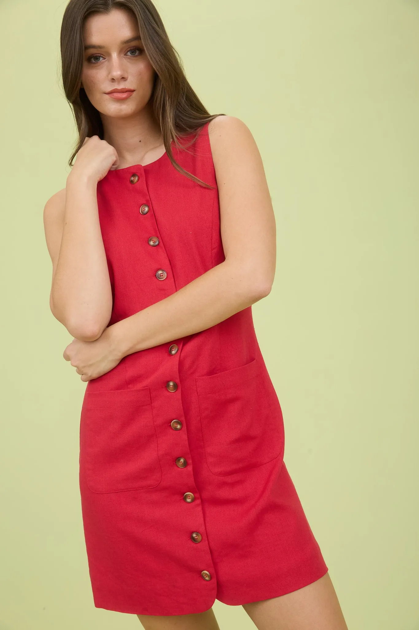 BUTTON DOWN SLEEVELESS LINEN MINI DRESS sold by Blu Pepper