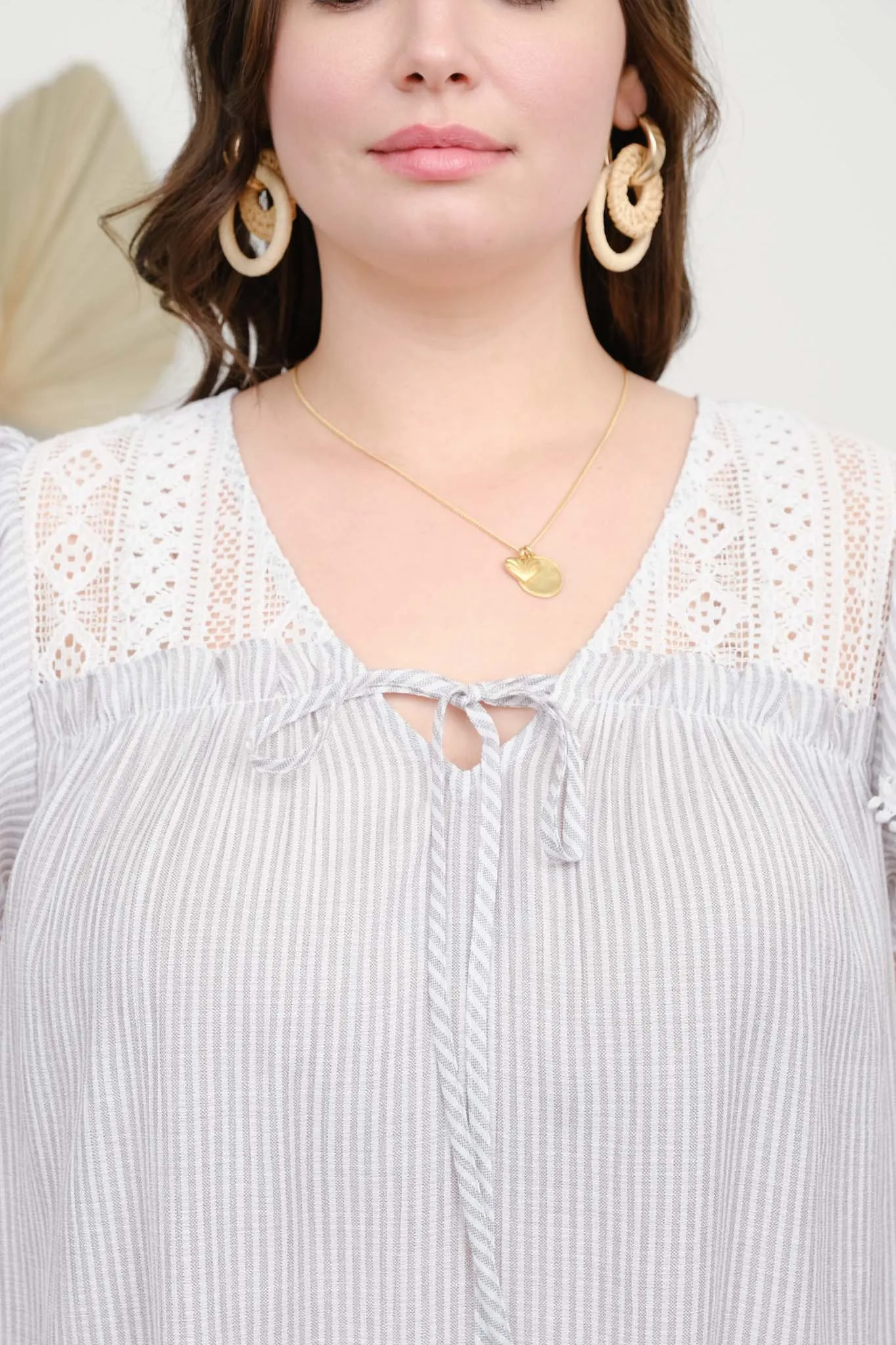 PLUS STRIPE LACE YOKE FRONT TIE SHORT SLEEVE TOP sold by Blu Pepper product image thumbnail 4