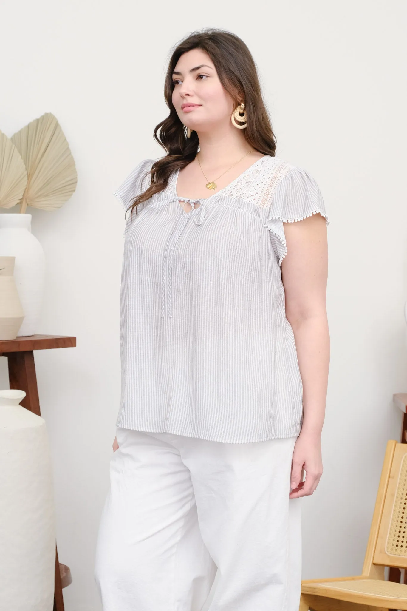PLUS STRIPE LACE YOKE FRONT TIE SHORT SLEEVE TOP sold by Blu Pepper product image thumbnail 3