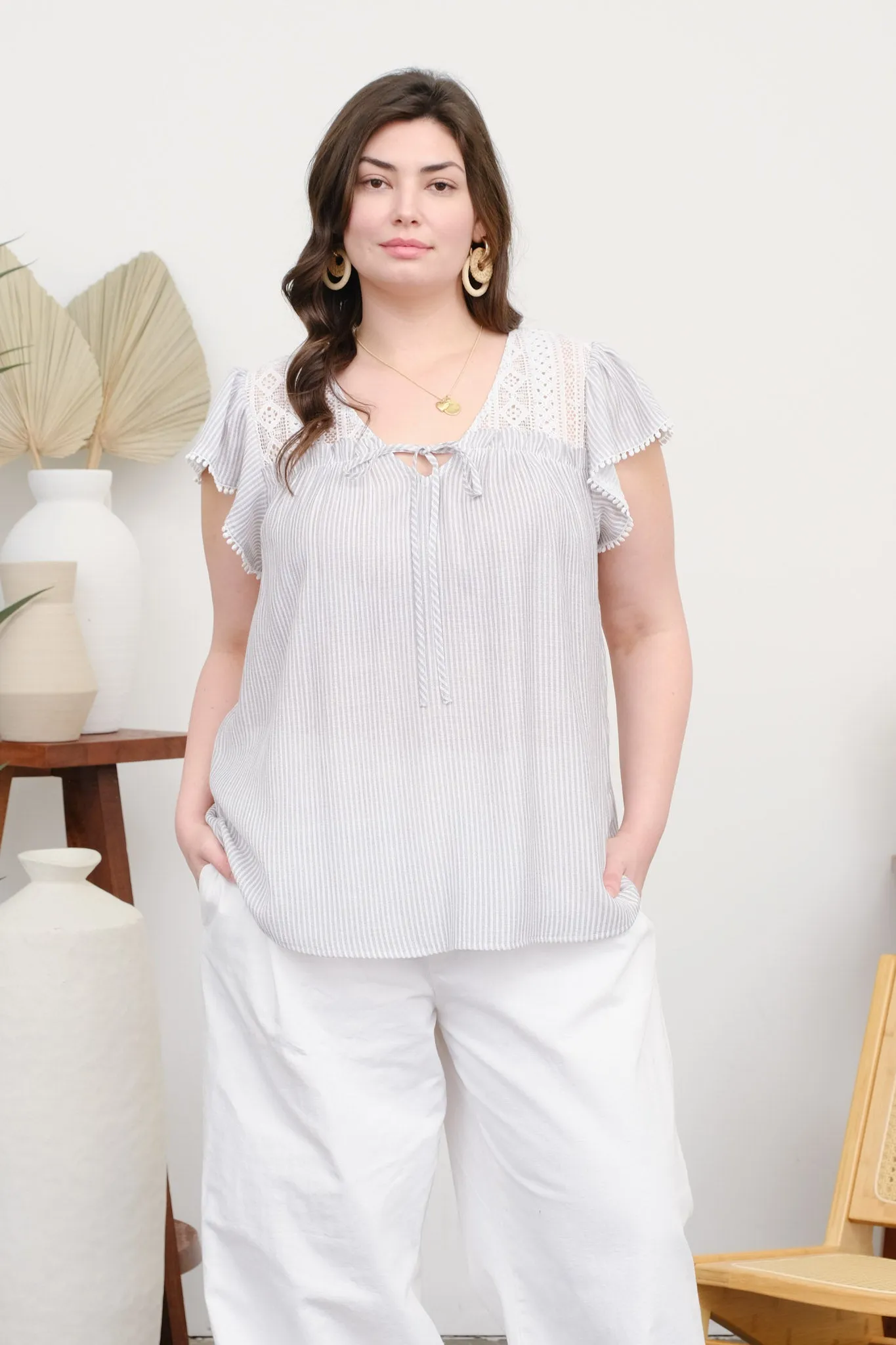 PLUS STRIPE LACE YOKE FRONT TIE SHORT SLEEVE TOP sold by Blu Pepper