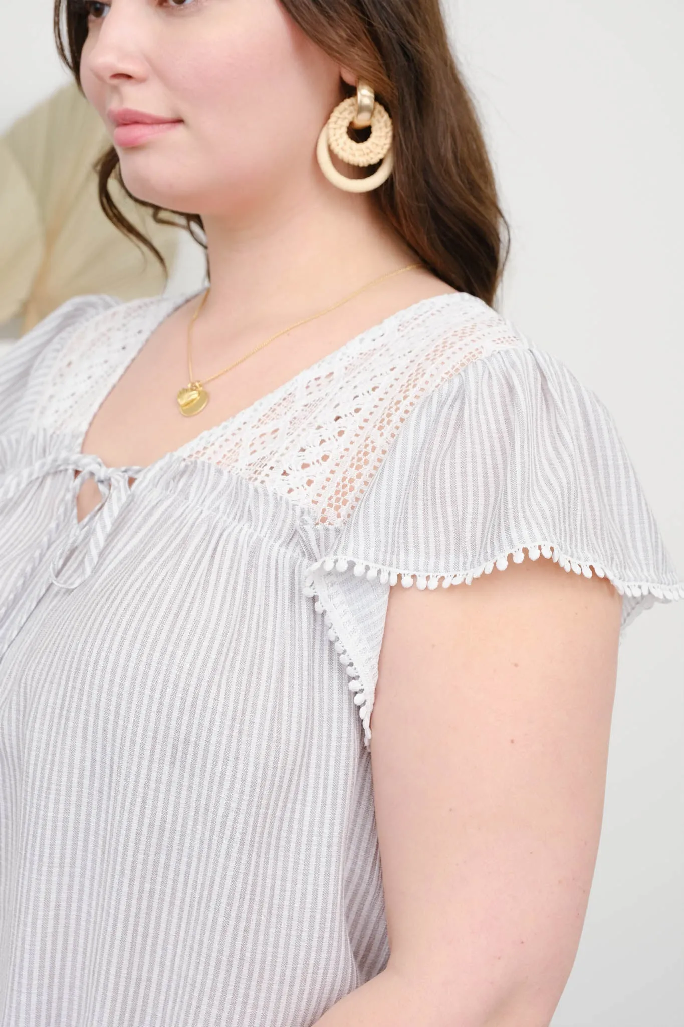 PLUS STRIPE LACE YOKE FRONT TIE SHORT SLEEVE TOP sold by Blu Pepper product image thumbnail 5