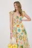 MULTI COLOR FRUIT PRINT SMOCKED MIDI DRESS sold by Blu Pepper