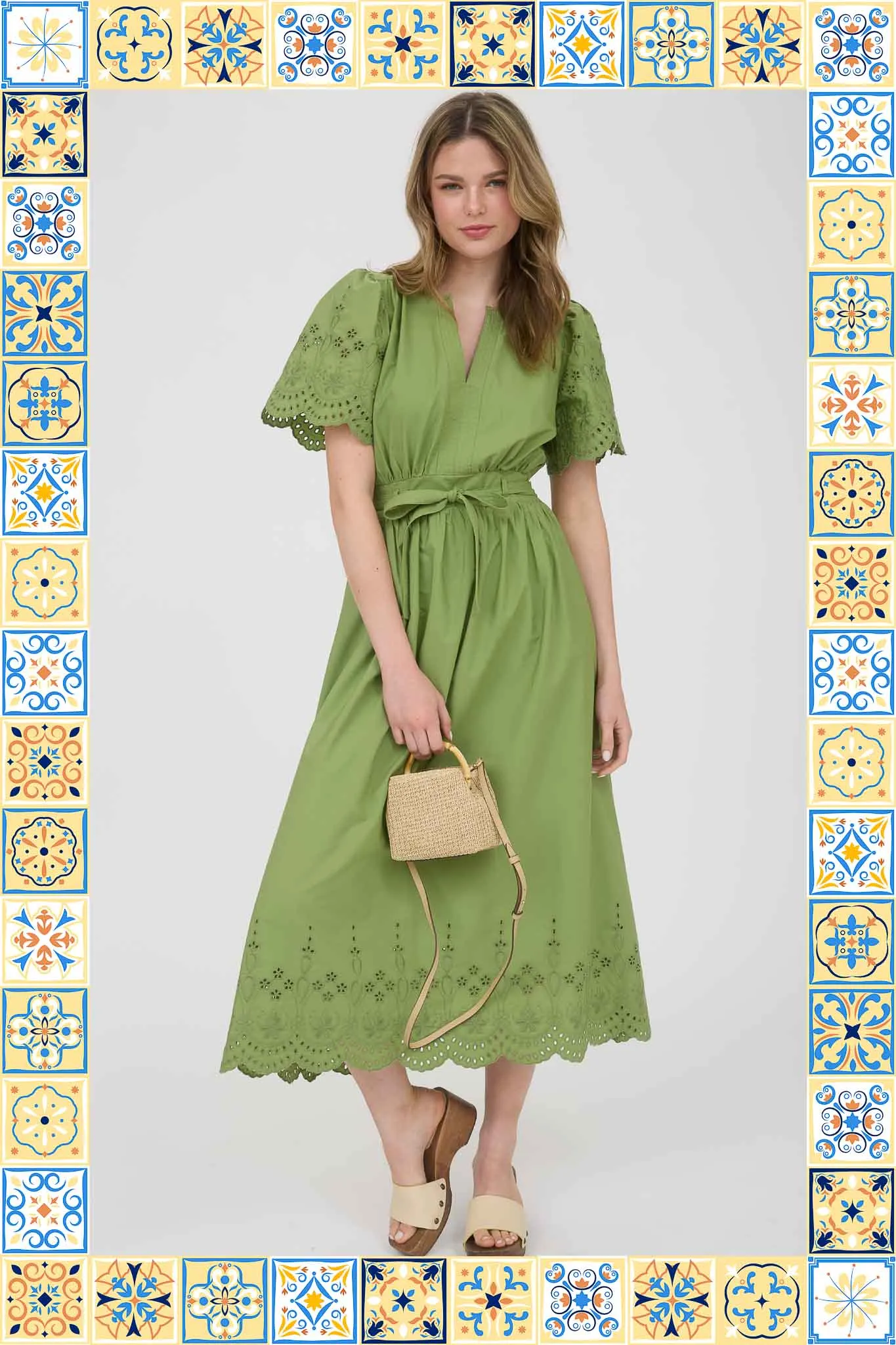 EMBROIDERY EYELET DETAIL BELTED MIDI DRESS sold by Blu Pepper