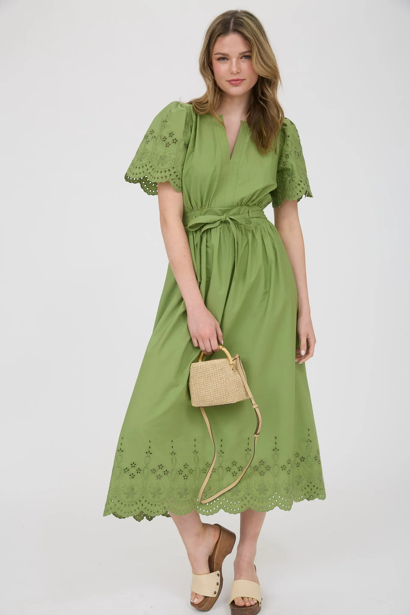 EMBROIDERY EYELET DETAIL BELTED MIDI DRESS sold by Blu Pepper product image thumbnail 4