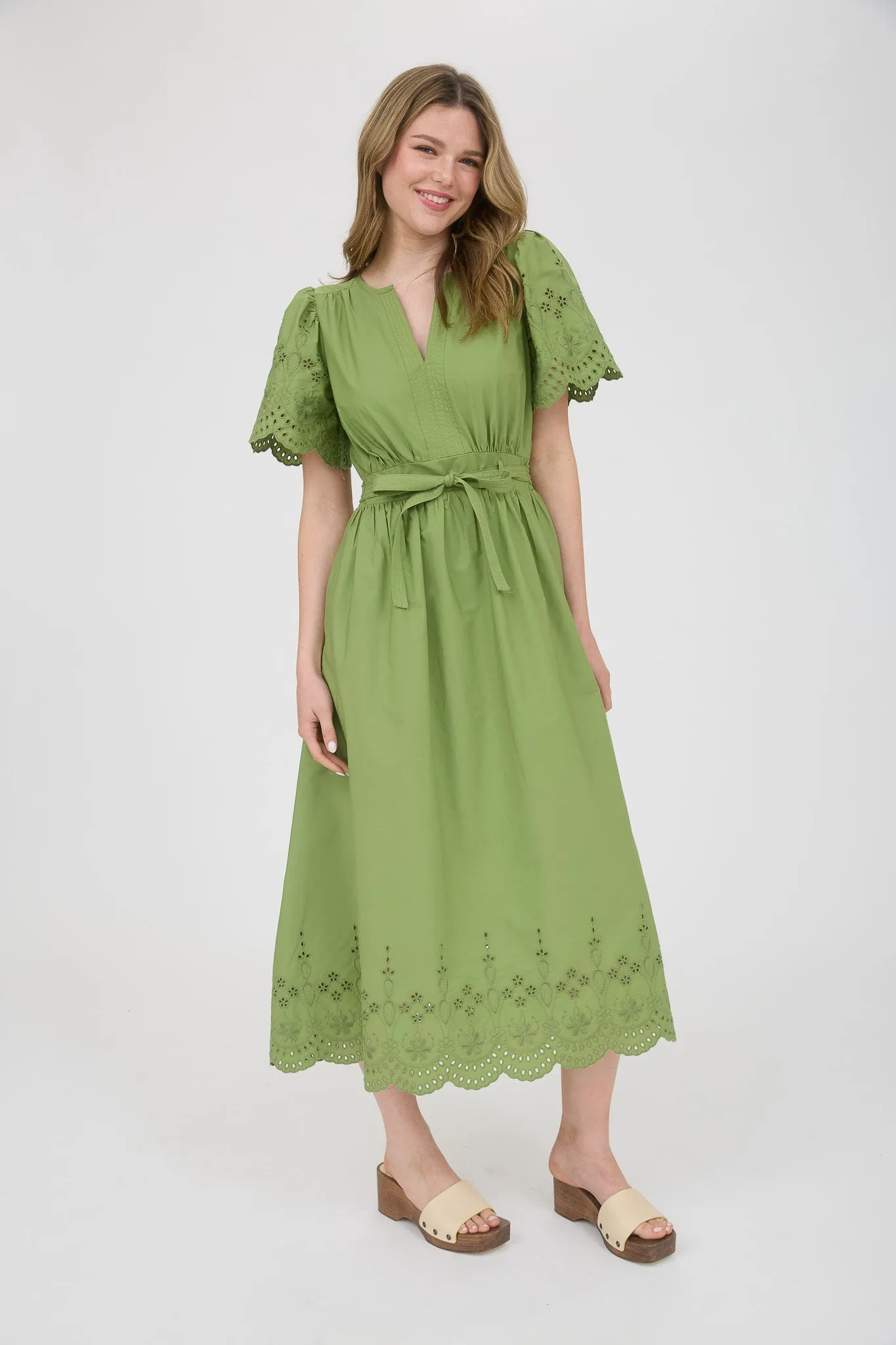 EMBROIDERY EYELET DETAIL BELTED MIDI DRESS sold by Blu Pepper product image thumbnail 5