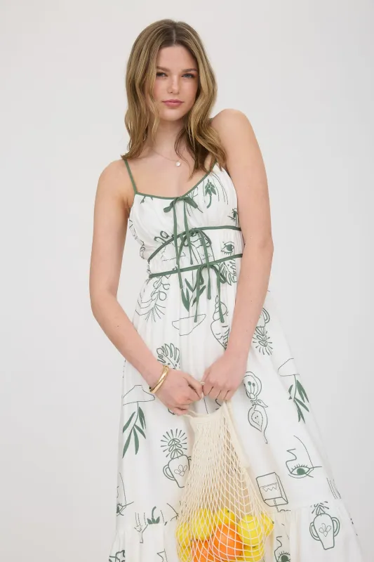 DOODLE LINE PRINT FRONT TIE DETAIL MIDI DRESS sold by Blu Pepper