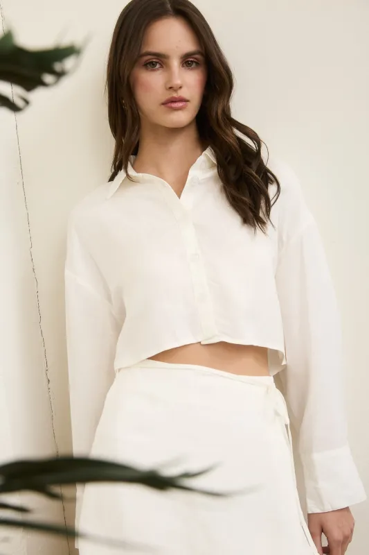 CROPPED BUTTON DOWN LONG SLEEVE LINEN TOP sold by Blu Pepper