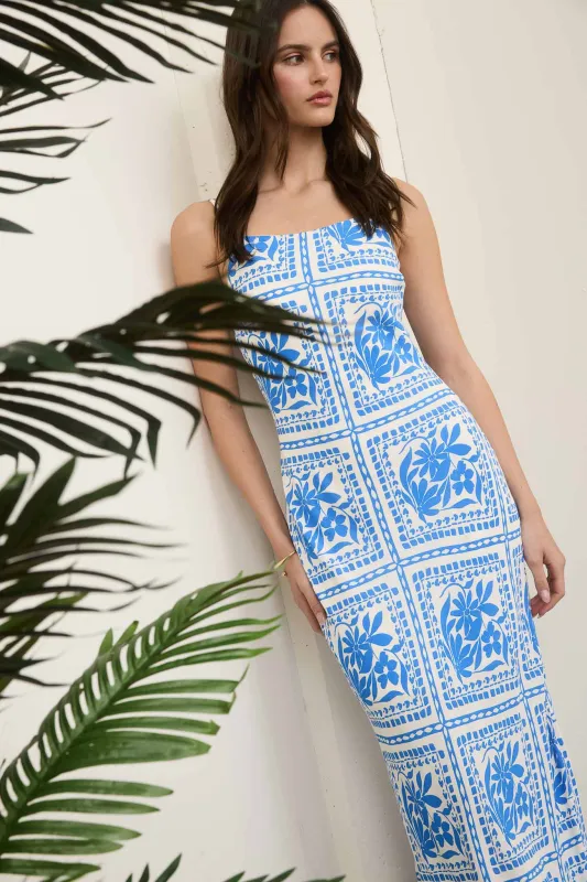 FLORAL TILE PRINT SPAGHETTI STRAP MIDI DRESS made by Blu Pepper