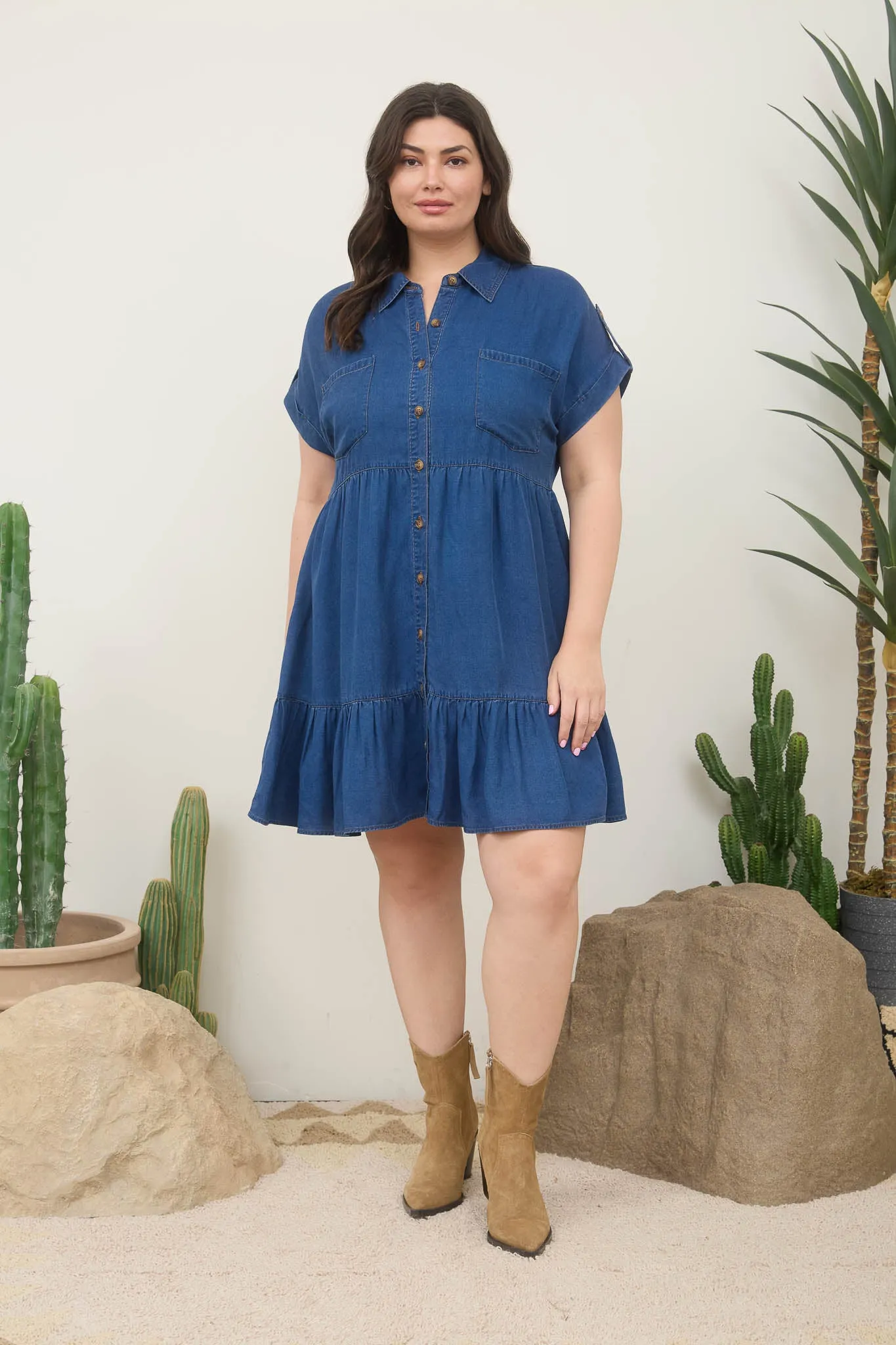 PLUS DARK CHAMBRAY COLLARED SHIRT MINI DRESS sold by Blu Pepper