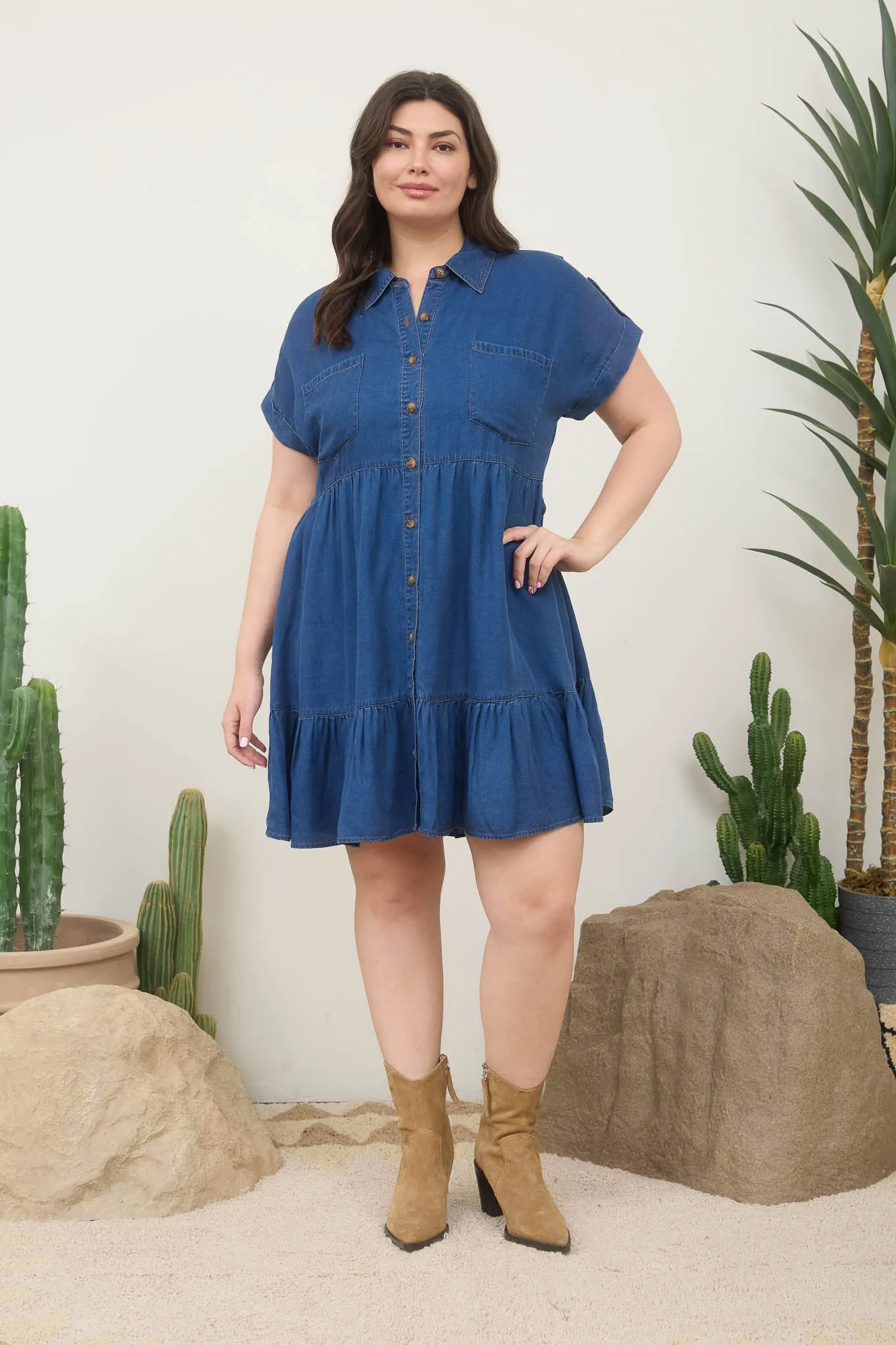 PLUS DARK CHAMBRAY COLLARED SHIRT MINI DRESS sold by Blu Pepper product image thumbnail 5