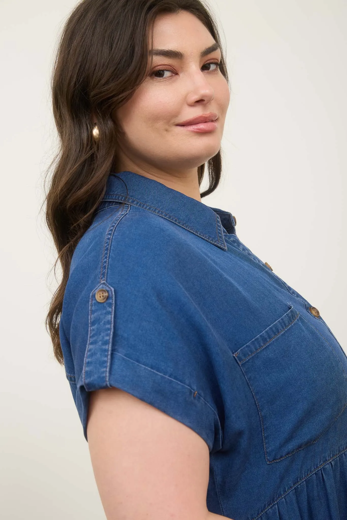 PLUS DARK CHAMBRAY COLLARED SHIRT MINI DRESS sold by Blu Pepper product image thumbnail 3