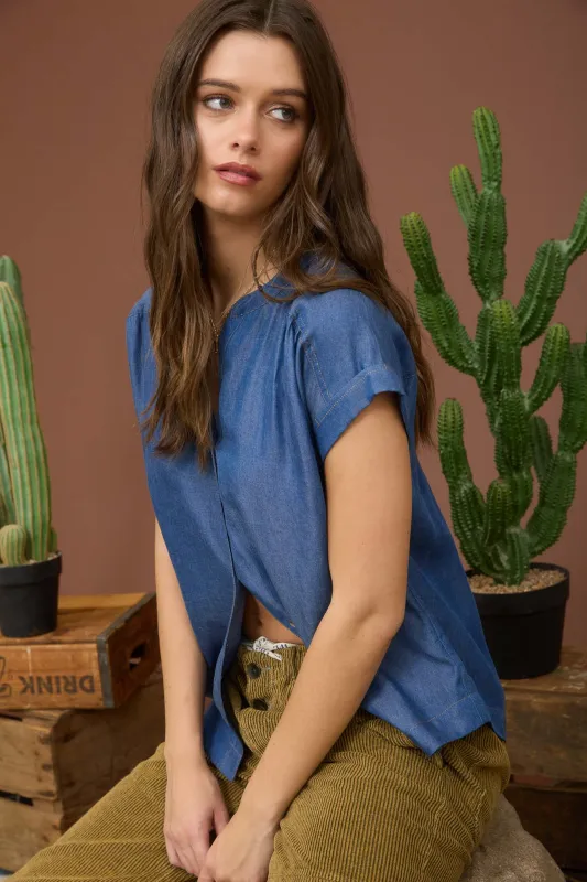 DARK CHAMBRAY BUTTON DOWN SHORT SLEEVE TOP sold by Blu Pepper