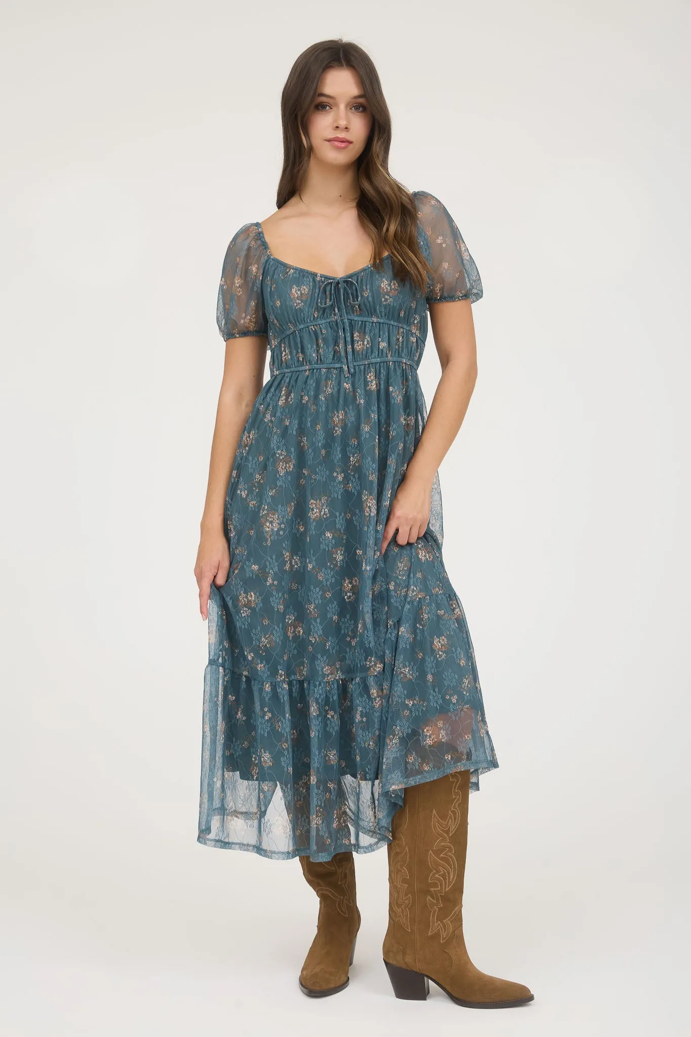 SHEER FLORAL PUFF SLEEVE FRONT TIE MIDI DRESS sold by Blu Pepper product image thumbnail 5