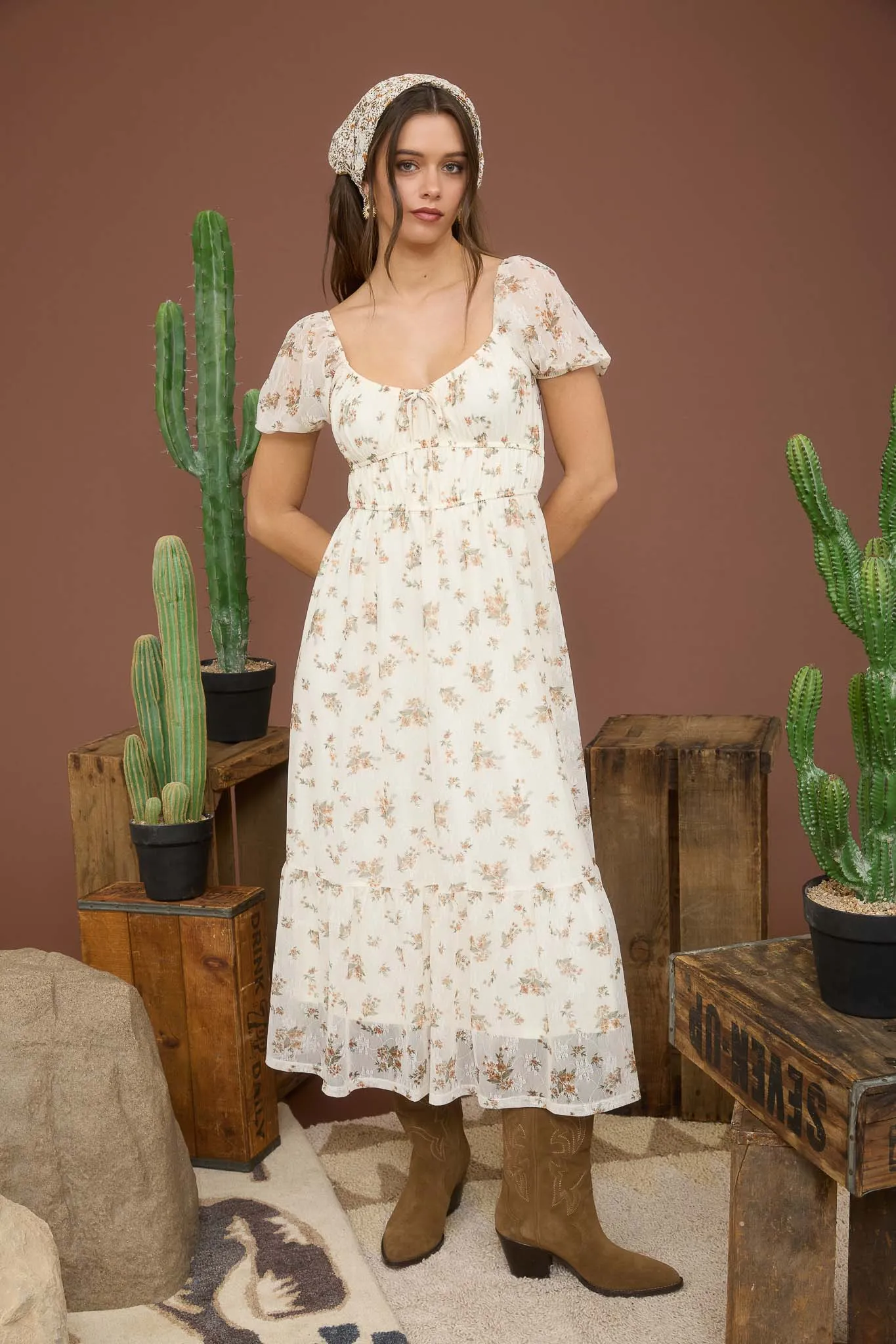 SHEER FLORAL PUFF SLEEVE FRONT TIE MIDI DRESS sold by Blu Pepper product image thumbnail 4