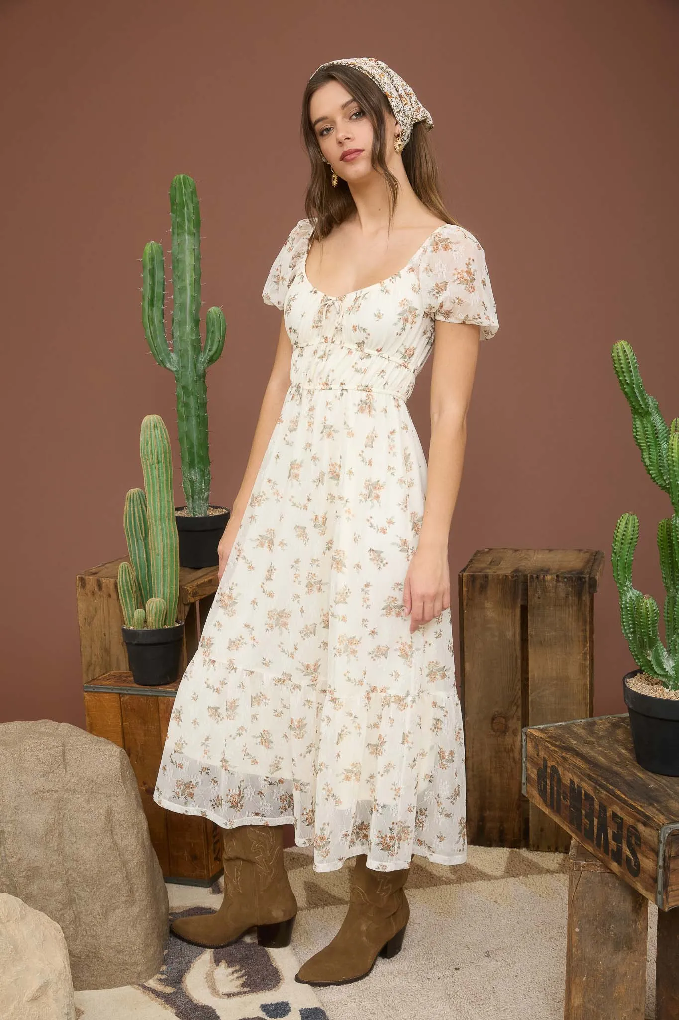 SHEER FLORAL PUFF SLEEVE FRONT TIE MIDI DRESS sold by Blu Pepper product image thumbnail 3