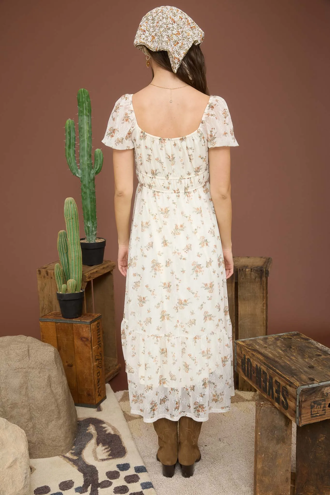 SHEER FLORAL PUFF SLEEVE FRONT TIE MIDI DRESS sold by Blu Pepper product image thumbnail 2