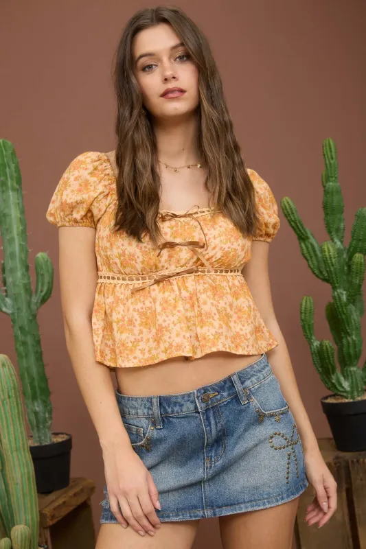 FLORAL LACE TRIM FRONT BOW PUFF SLEEVE CROP TOP sold by Blu Pepper