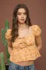 FLORAL LACE TRIM FRONT BOW PUFF SLEEVE CROP TOP sold by Blu Pepper