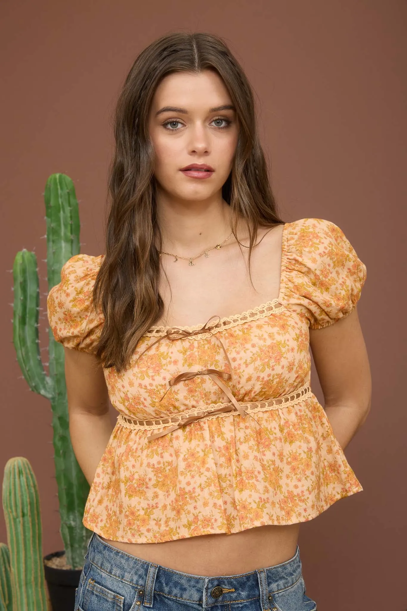 FLORAL LACE TRIM FRONT BOW PUFF SLEEVE CROP TOP sold by Blu Pepper product image thumbnail 4