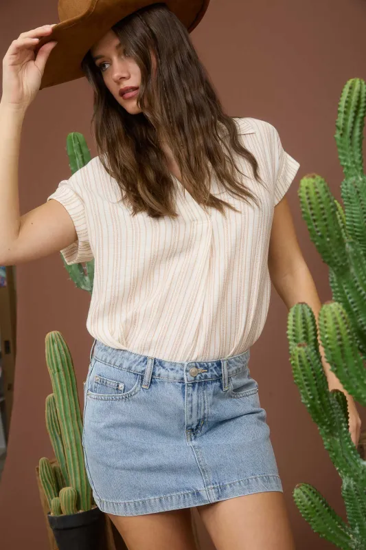 STRIPE COLLARED PINTUCK DETAIL CUFF SLEEVE SHIRT sold by Blu Pepper