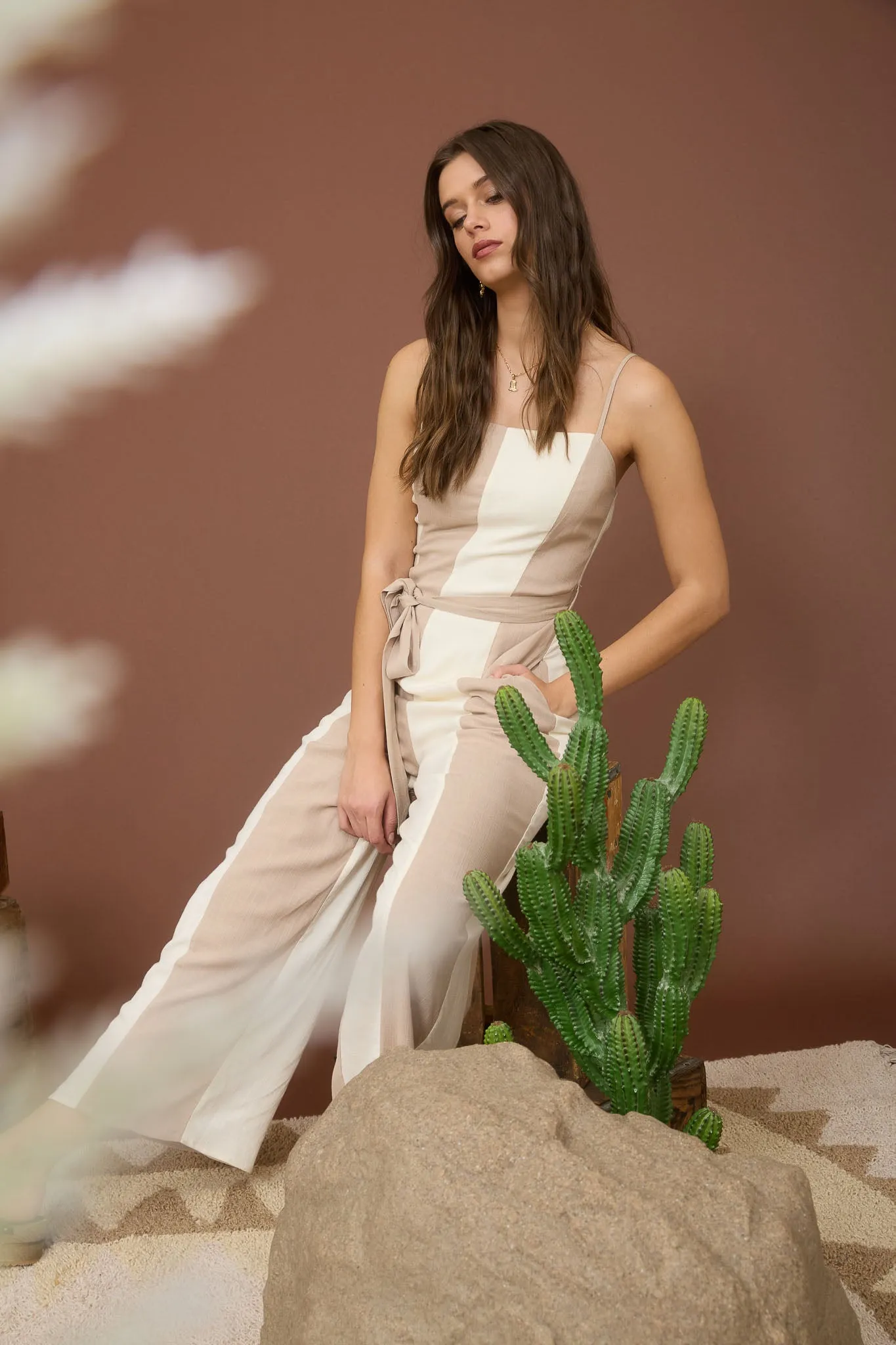 WIDE STRIPE SPAGHETTI STRAP BELTED JUMPSUIT sold by Blu Pepper product image thumbnail 5